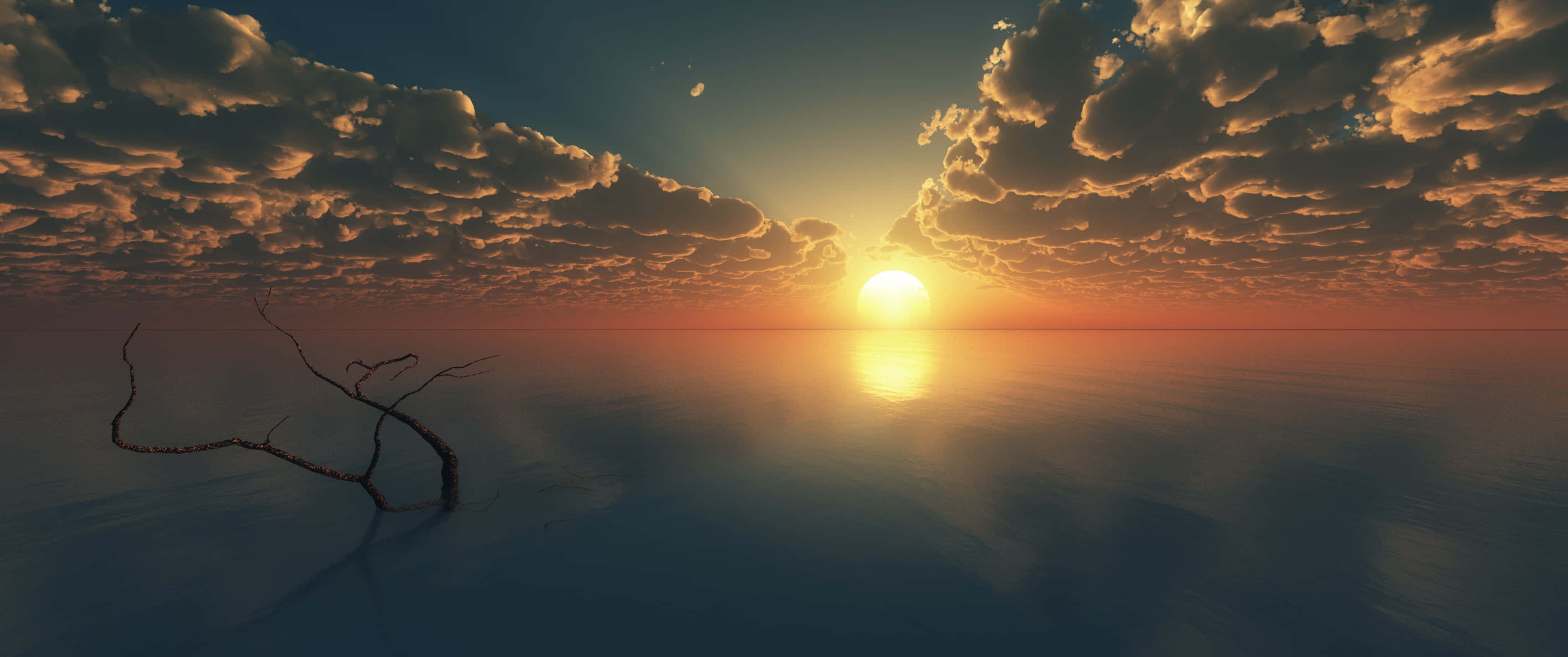 3440x1440p 多雲夕陽天空背景 壁紙 — 一條孤獨扭曲的樹枝從平靜的水面伸出，太陽在戲劇性的金色雲層後落下。