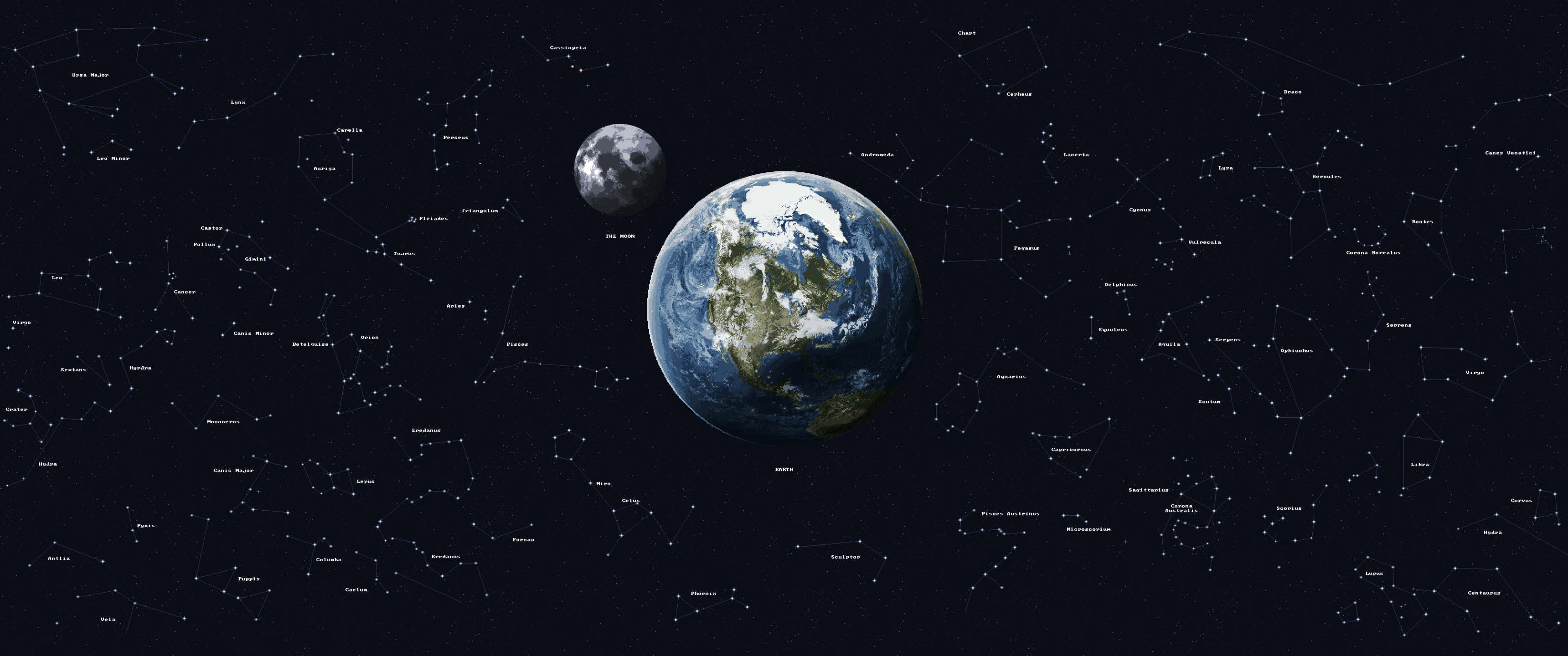 3440x1440p 月球與地球背景 壁紙 — 地球和月亮漂浮在星空之中，帶有標籤的星座在深空中柔和地發光。