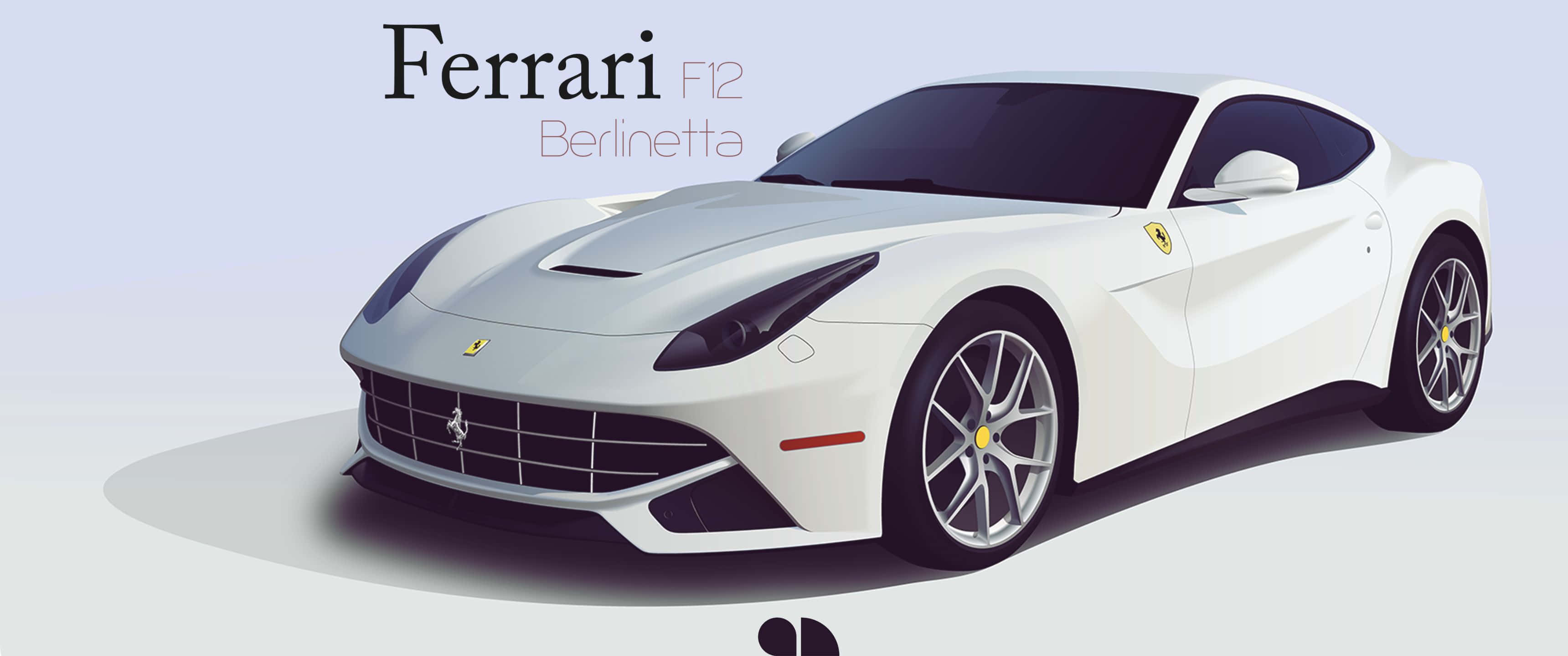 3440x1440p 法拉利 F12 Berlinetta 背景 壁紙 — 一輛時尚的白色法拉利F12 Berlinetta，帶有黃色點綴和銀色輪圈，在柔和灰色背景的攝影棚燈光下展示。