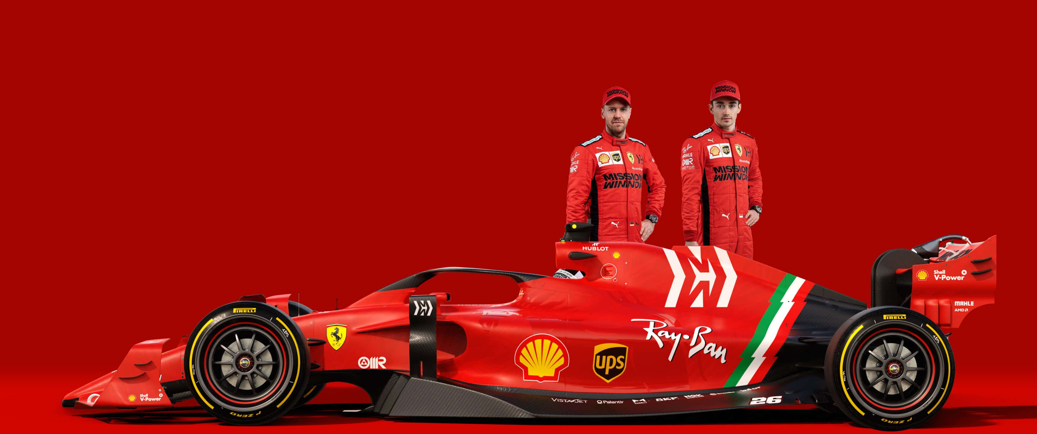 3440x1440p 法拉利背景 Scuderia 賽車手 壁紙 — 兩名身穿紅色賽車服的F1車手自信地站在一輛時尚的紅色法拉利賽車後面，背景為純紅色。