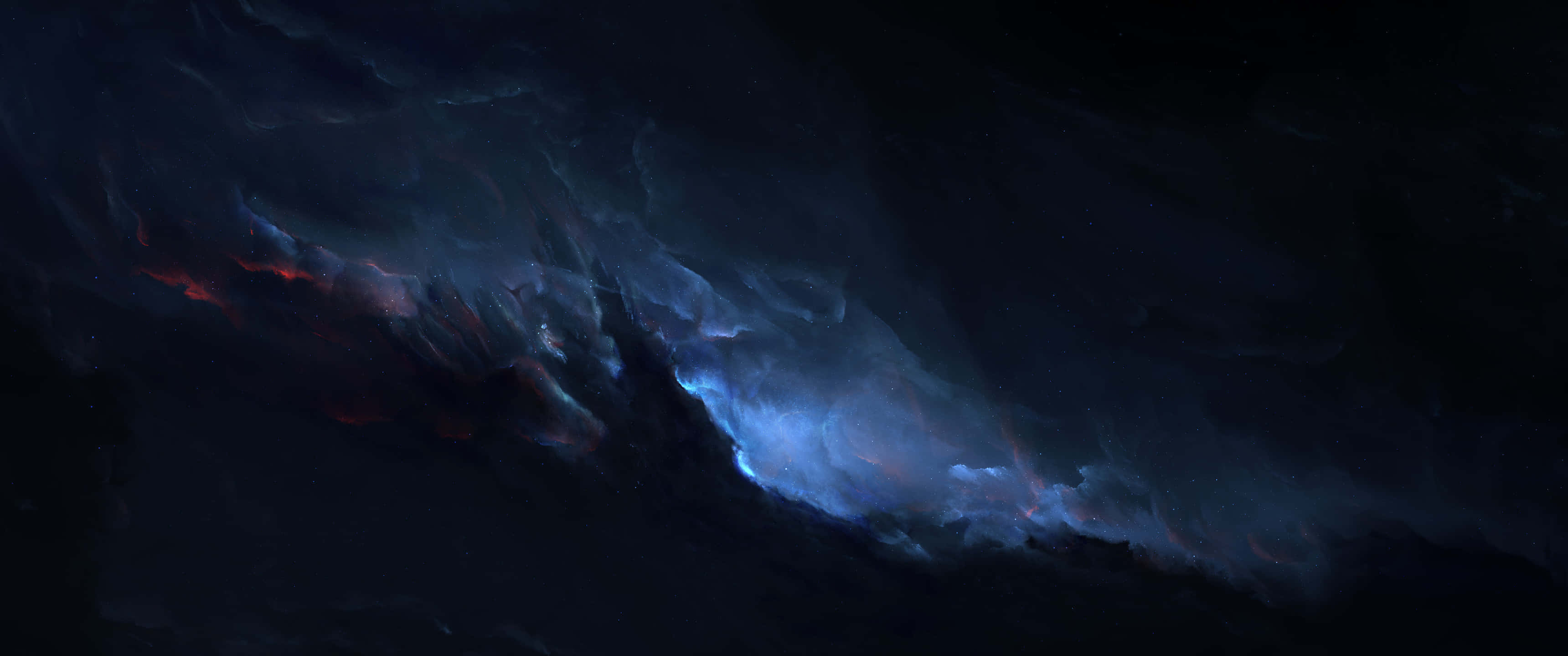 3440x1440p 深藍星雲背景 壁紙 — 一個宇宙星雲在無星的虛空中旋轉，呈現深藍色和火紅色，構成戲劇性的太空場景。