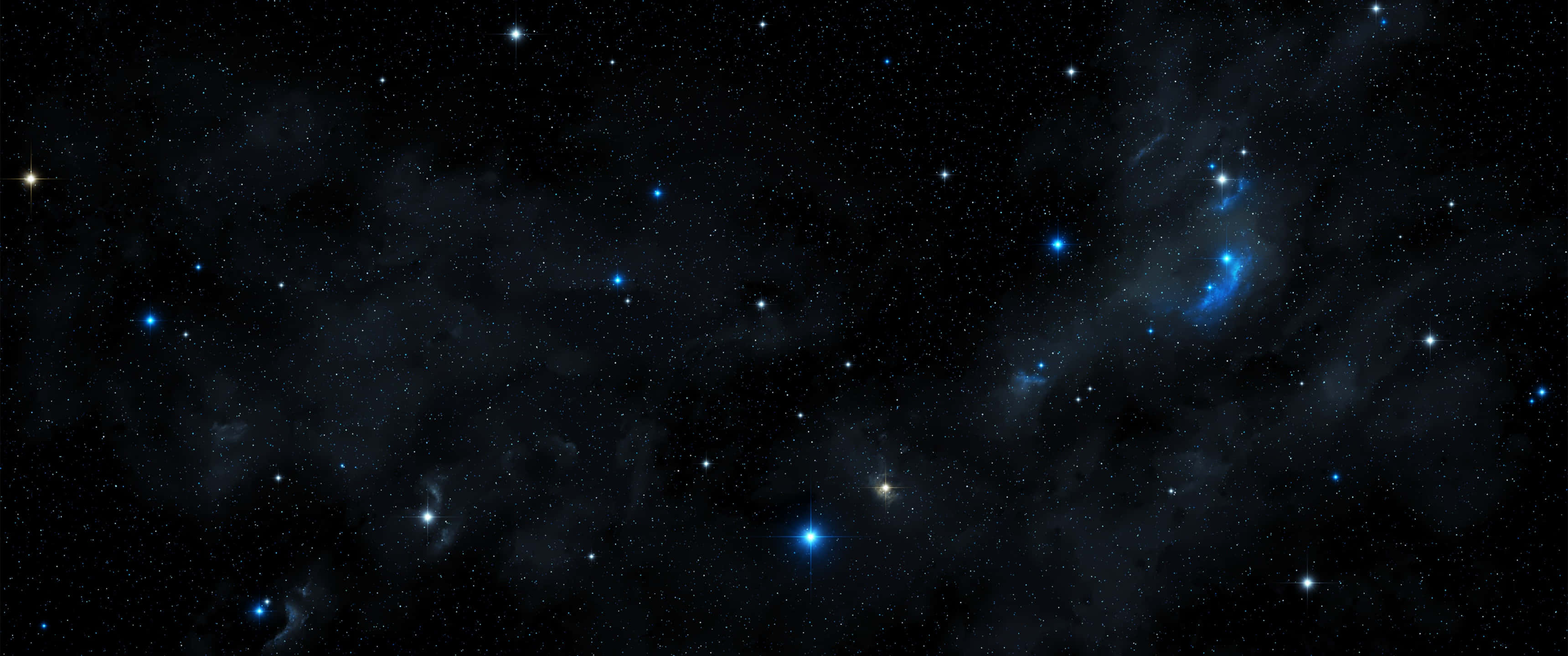 3440x1440p 無垠深空背景 壁紙 — 廣闊的宇宙空間，充滿閃爍的星星和發光的藍色星雲，背景是深邃的黑色虛空。