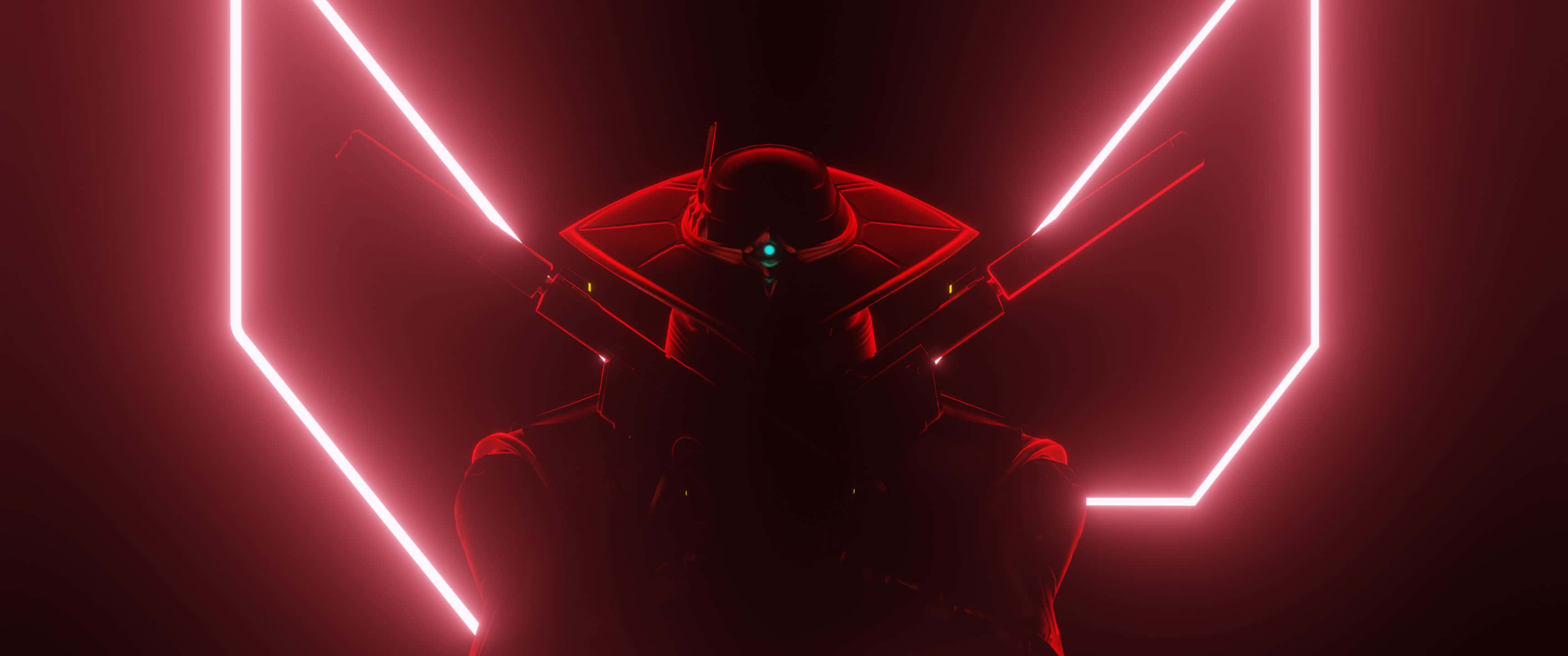 3440x1440p 無畏戰隊 Cypher 紅色霓虹背景 壁紙 — 一個身穿深色盔甲、擁有發光藍色眼睛的人物，在未來主義的場景中，被發光的紅色霓虹線條所框住。