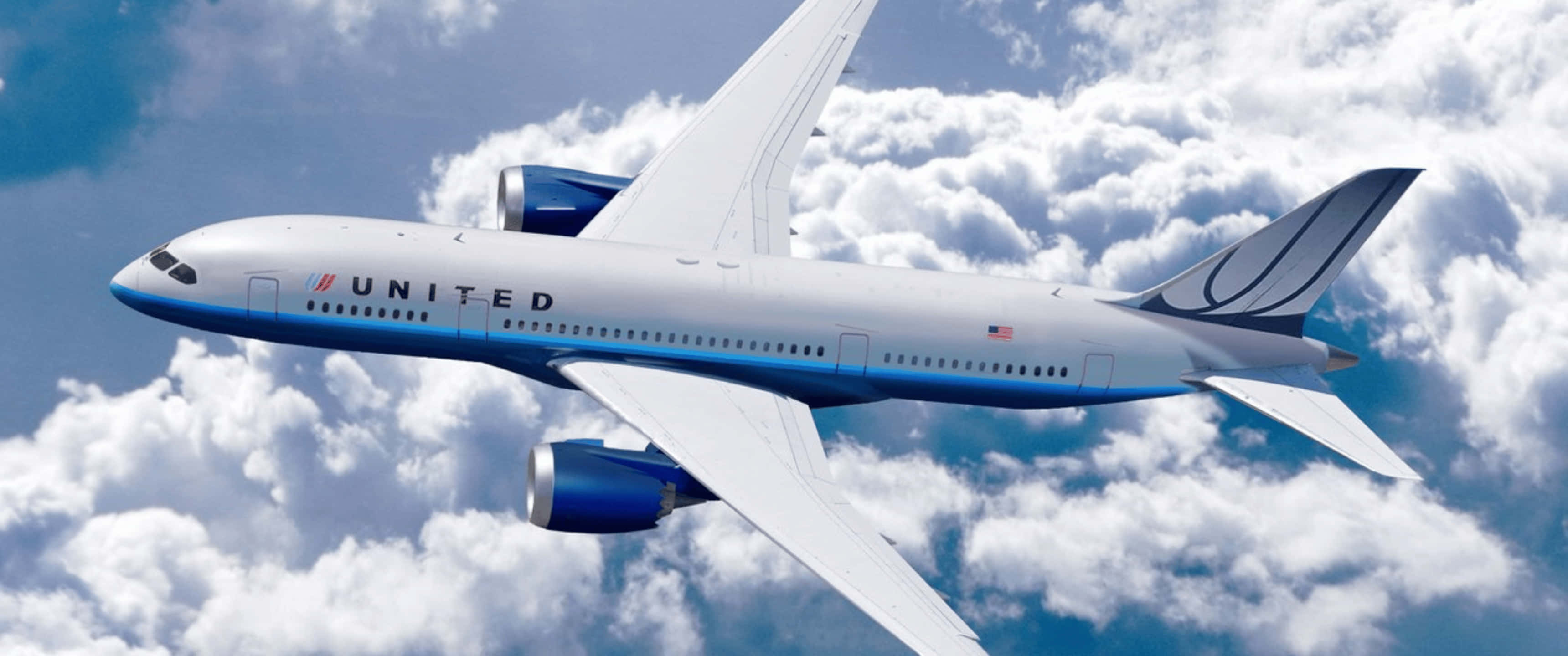 3440x1440p 聯合航空飛機背景 壁紙 — 聯合航空的波音787在湛藍的天空中優雅地翱翔於蓬鬆的白雲之上。
