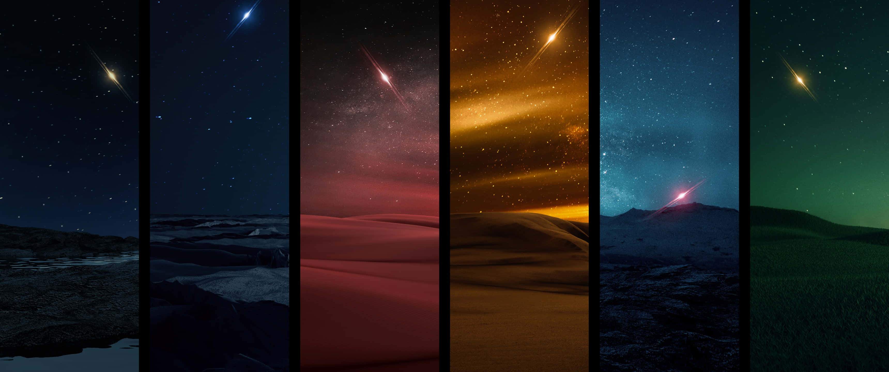3440x1440p 色彩繽紛星空背景 壁紙 — 六個垂直面板展示了星空下不同地形上流星劃過的宇宙場景。