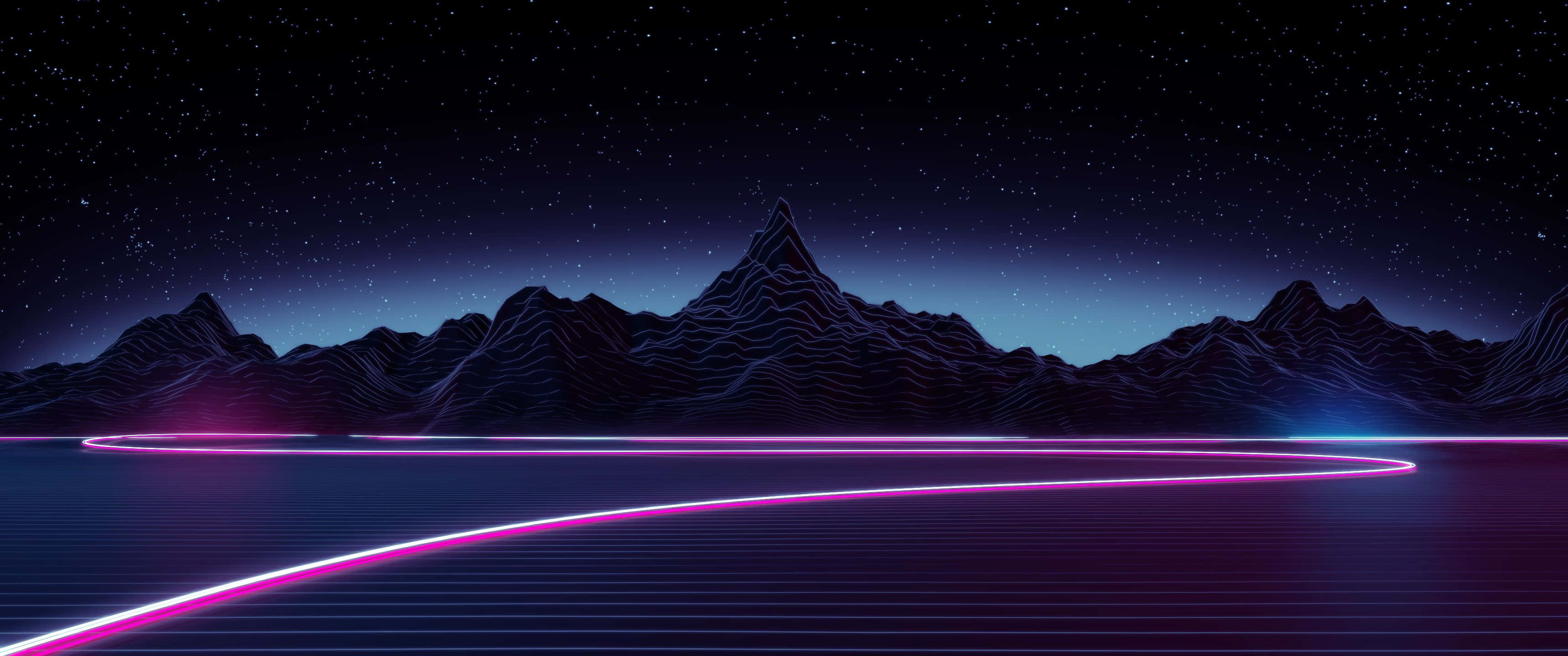 3440x1440p 蒸汽波霓虹山景背景 壁紙 — 霓虹粉紅和藍色發光線條在黑暗山脈輪廓上方的星空夜空中彎曲。