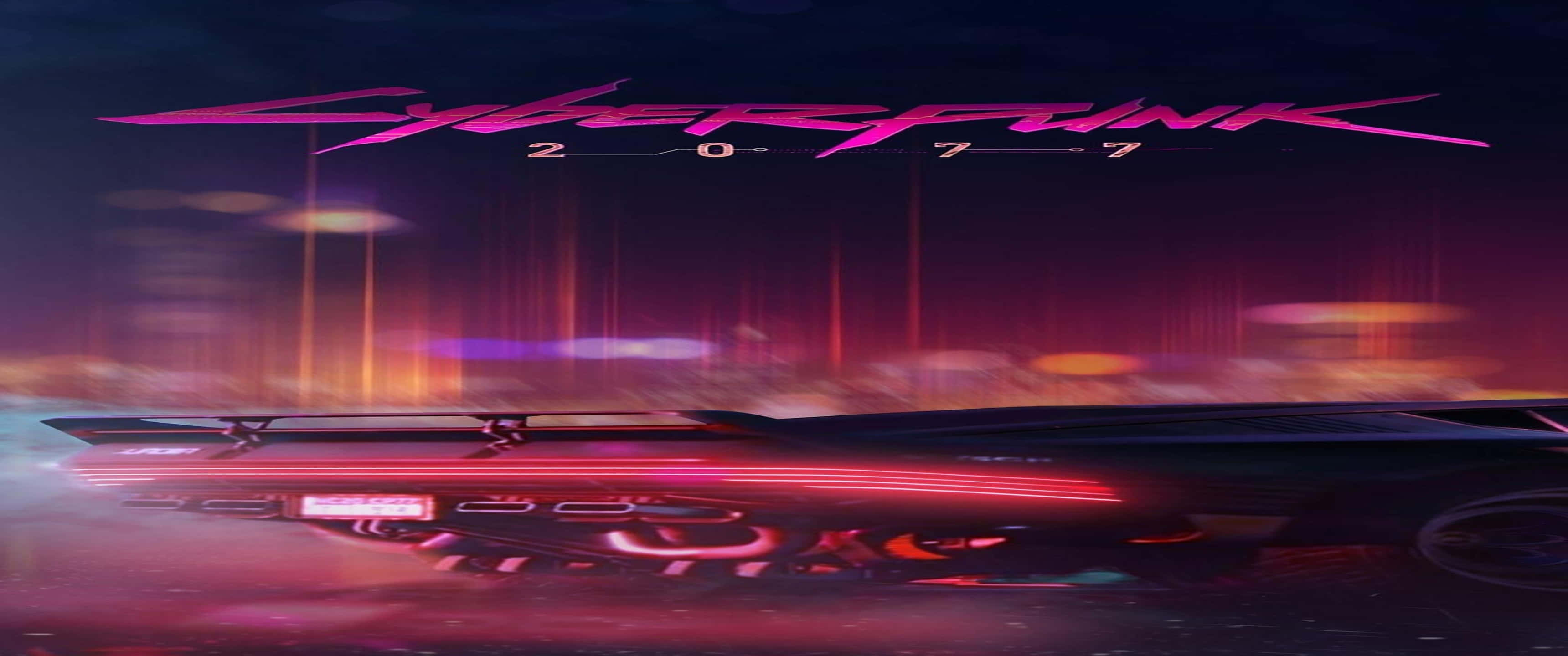 3440x1440p《賽博朋克2077》背景：霓虹燈照亮的汽車 壁紙 — 一架時尚的賽博龐克汽車在夜晚穿過霓虹浸透的雨水，發光的粉紅色和橙色燈光劃過潮濕的街道。