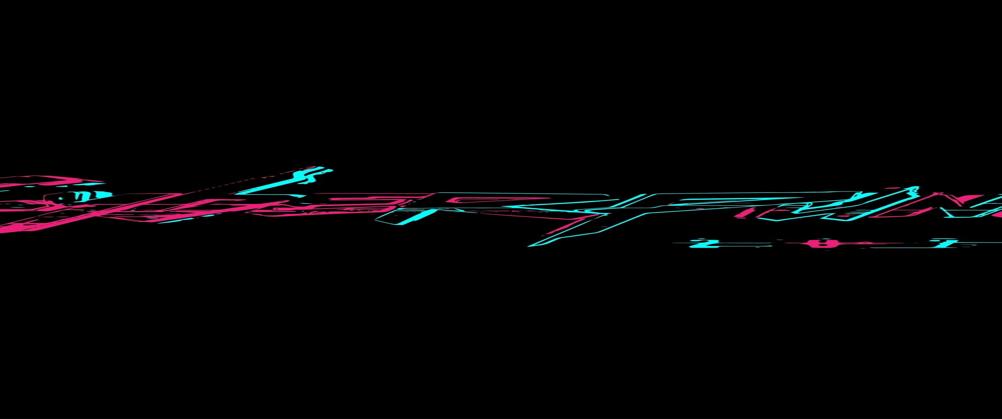 3440x1440p《賽博朋克2077》背景：黑色背景的遊戲標題 壁紙 — 充滿活力的霓虹粉紅和青色故障文字條紋劃過漆黑的數位虛空。