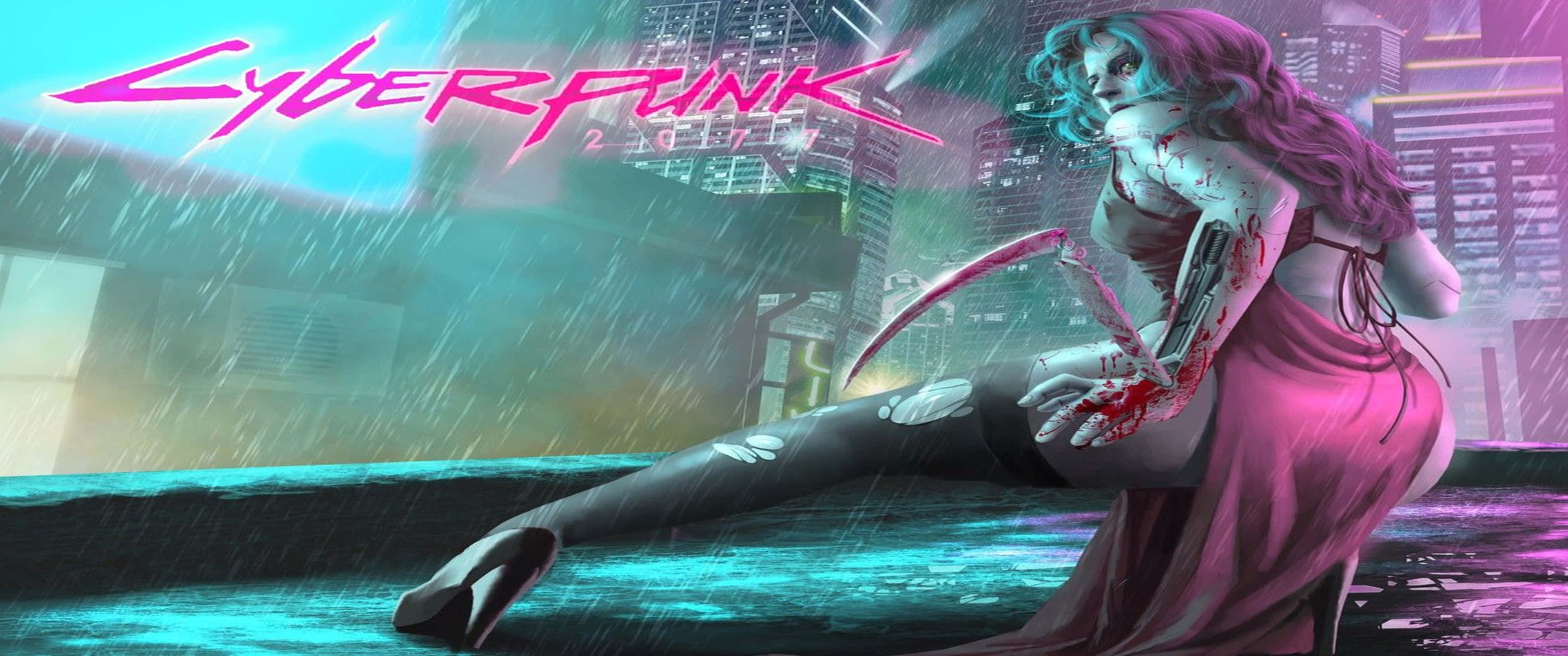 3440x1440p《賽博朋克2077》背景：穿著裙子的血跡女子 壁紙 — 一位擁有機械臂和血手的賽博龐克蛇蠍美人坐在被雨水浸濕的霓虹城市景觀中。