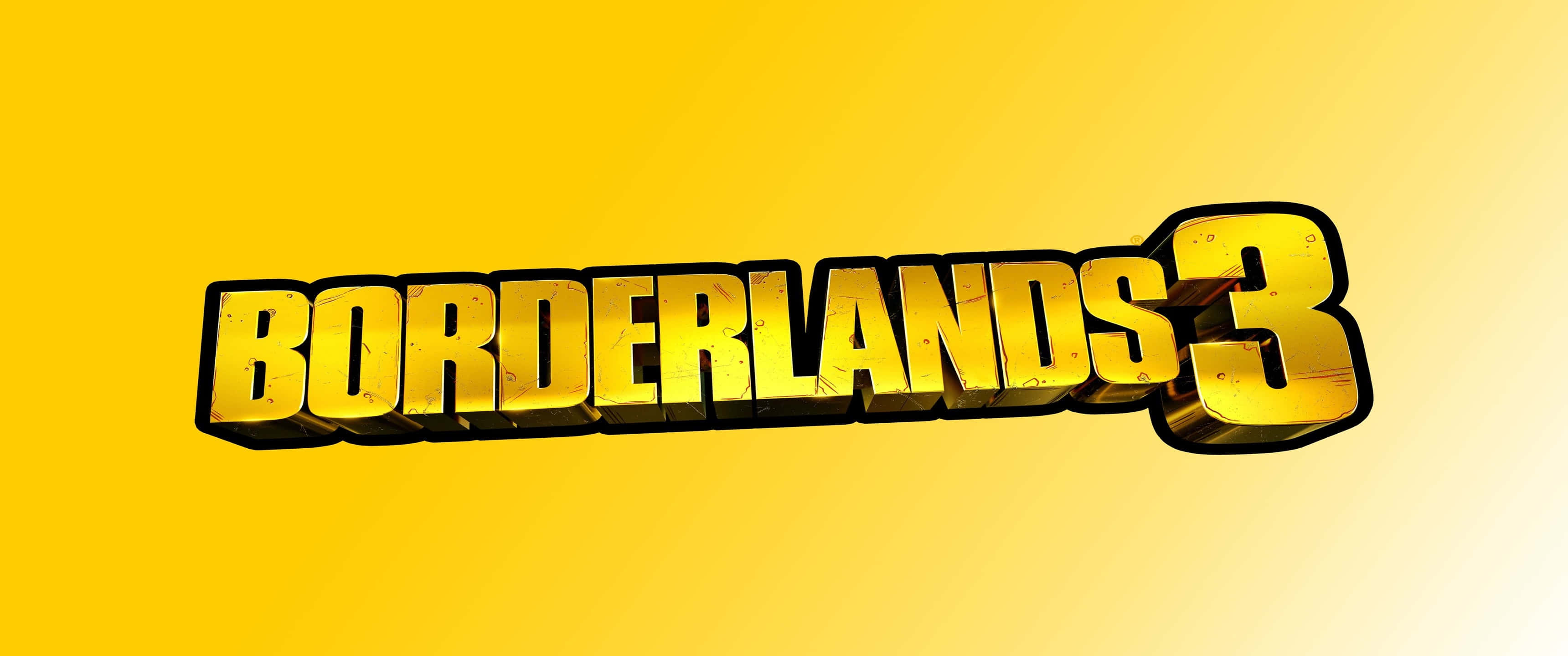3440x1440p《邊境之地3》黃色背景 壁紙 — 大膽的金色3D文字寫著Borderlands 3，在鮮豔的黃色漸變背景上脫穎而出。