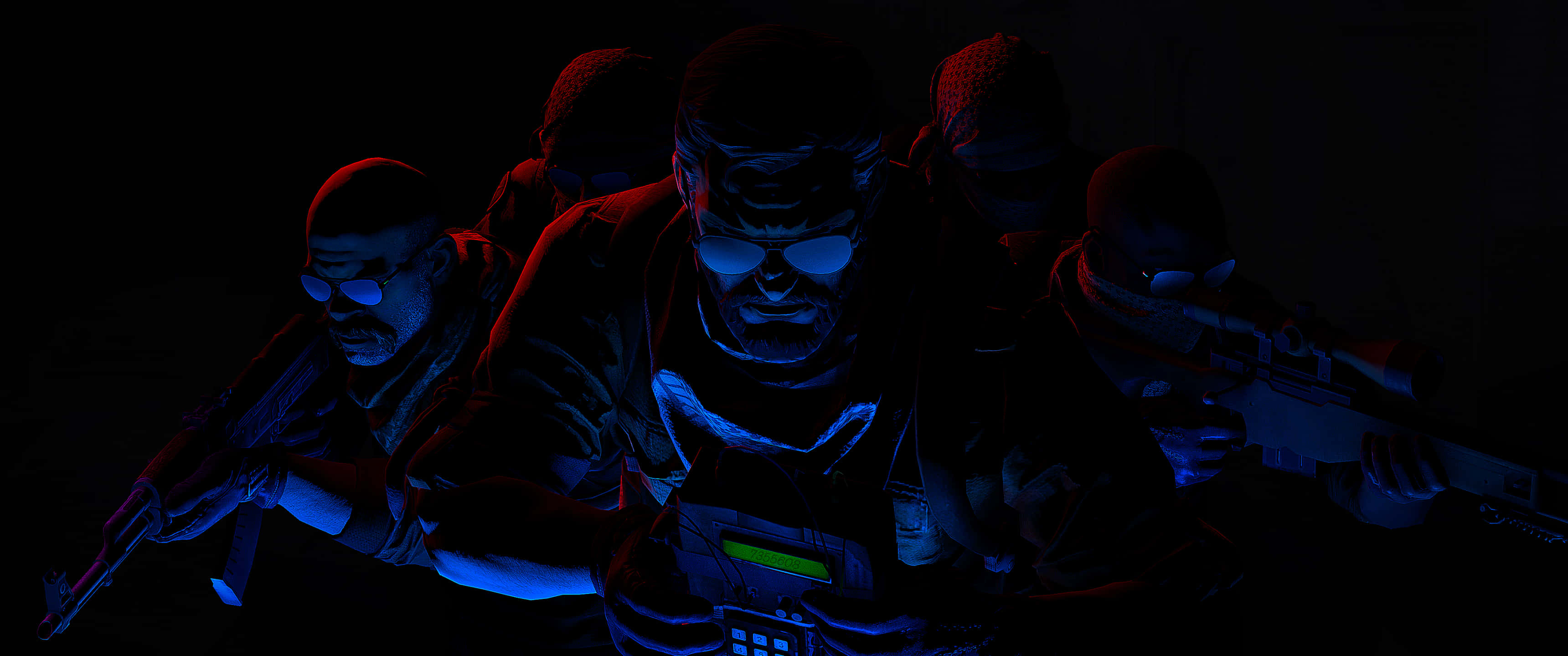 3440x1440p高畫質《反恐精英全球 Offensive》遊戲背景 壁紙 — 剪影士兵身穿戰術裝備，在藍光中閃耀，於黑暗高風險的戰鬥場景中前進。