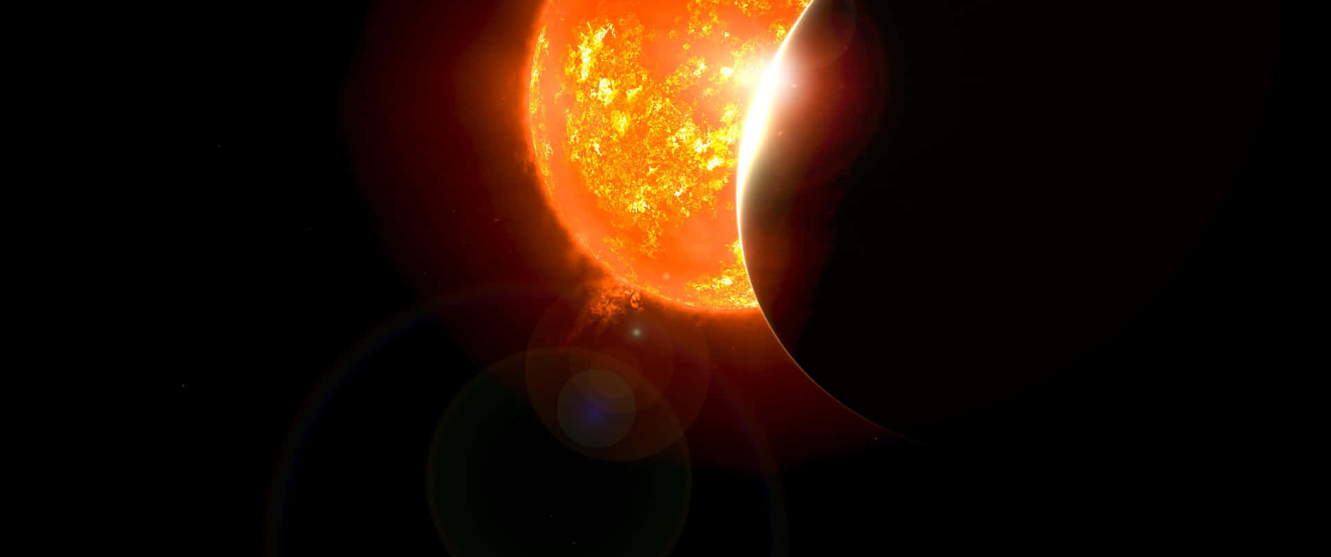 一顆明亮的太陽被行星遮蔽，太空中帶有鏡頭光暈