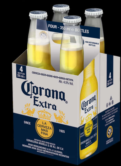 科羅娜特級啤酒355毫升瓶裝組 壁紙 — 四瓶冰凍的Corona Extra啤酒，裝在品牌紙板提架中，透過玻璃可見泡沫金黃色液體。