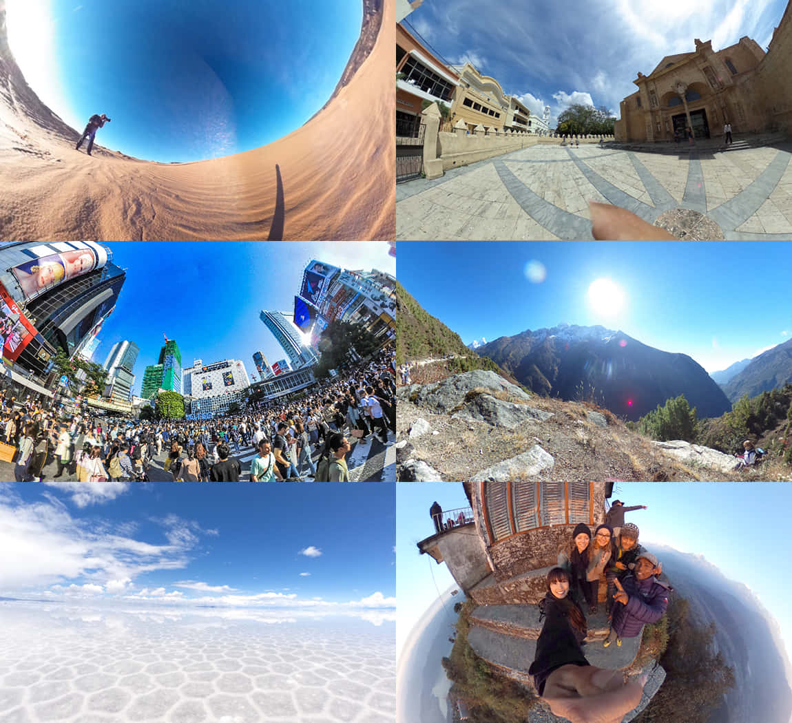 360度風景拼貼圖 壁紙 — 六個充滿活力的場景的魚眼拼貼：沙漠沙丘、歷史廣場、繁華城市、山景、鹽灘和懸崖邊的團體自拍。