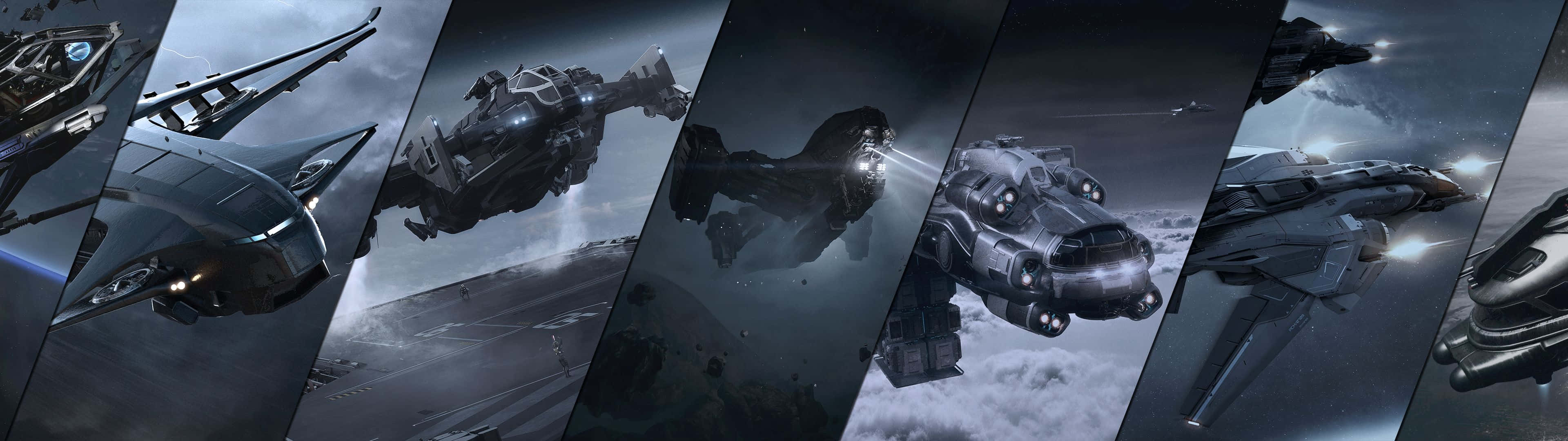 3840 X 1080 電競壁紙：Star Citizen 战艦 壁紙 — 一幅動態拼貼畫，描繪時尚的未來太空船在暴風雨中翱翔，引擎發光。