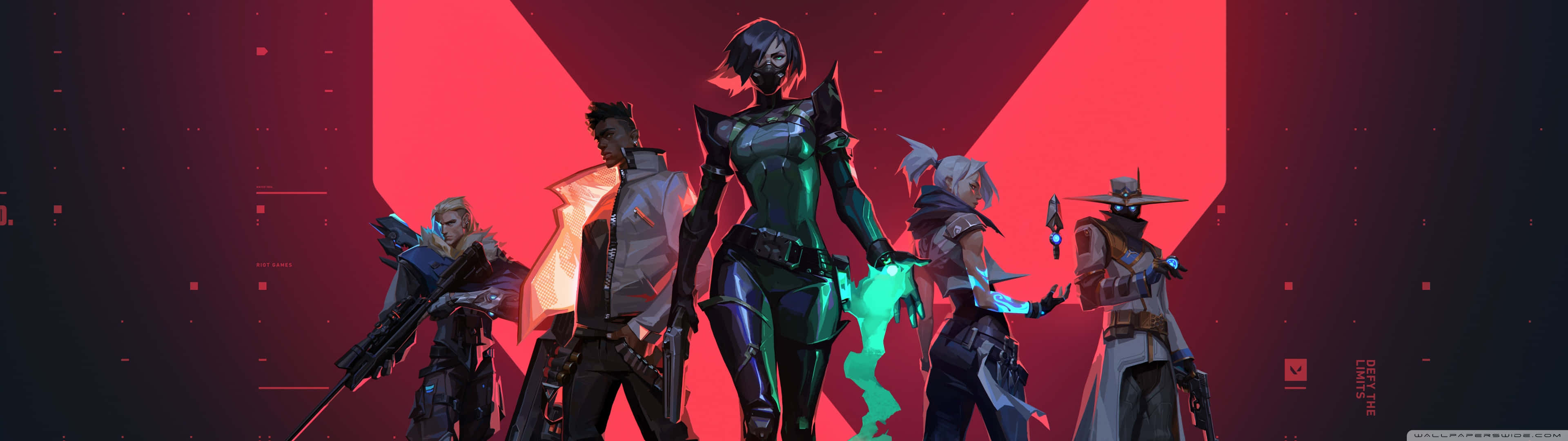 3840 X 1080 遊戲壁紙：Valorant 角色 壁紙 — 五位風格化的未來戰士站在一個大膽的紅色和黑色數位景觀中，帶有發光的霓虹燈點綴。