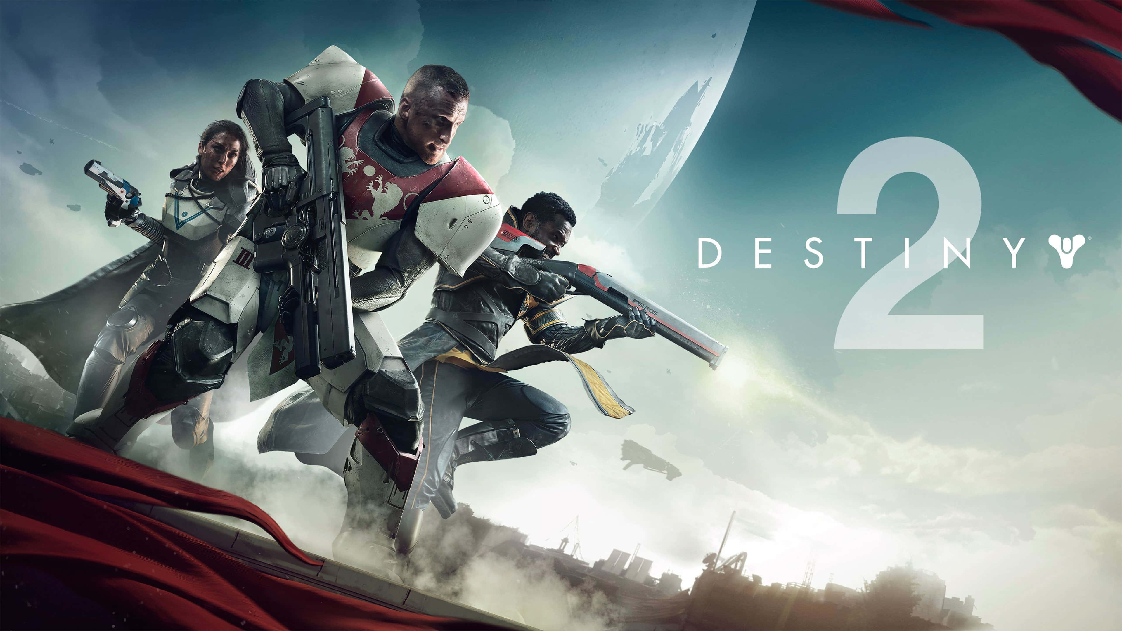 3840 X 2160《Destiny 2》海報設計 壁紙 — 三名身穿盔甲的守護者躍入戰鬥，背景是宇宙、巨型月亮和Destiny 2標誌。