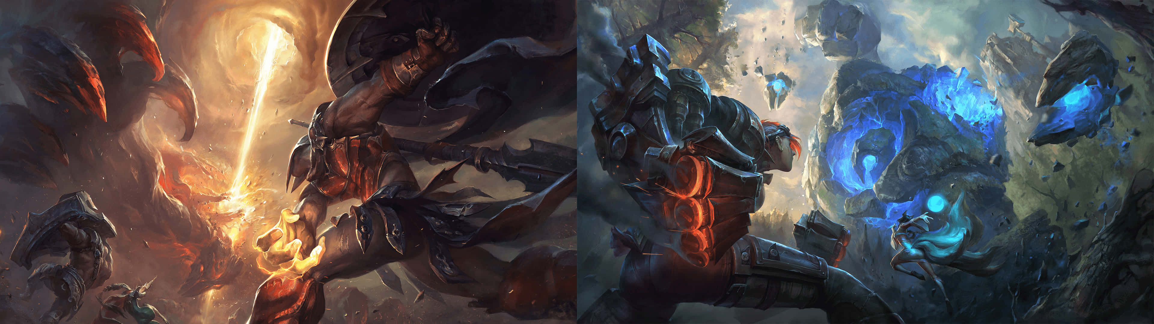令人驚嘆的 3840x1080《英雄聯盟》角色插畫 壁紙 — 一名身穿暗色盔甲的戰士揮舞著發光的劍，對抗旋轉的宇宙漩渦，而一個機械人形站在漂浮的藍色能量球體之間。