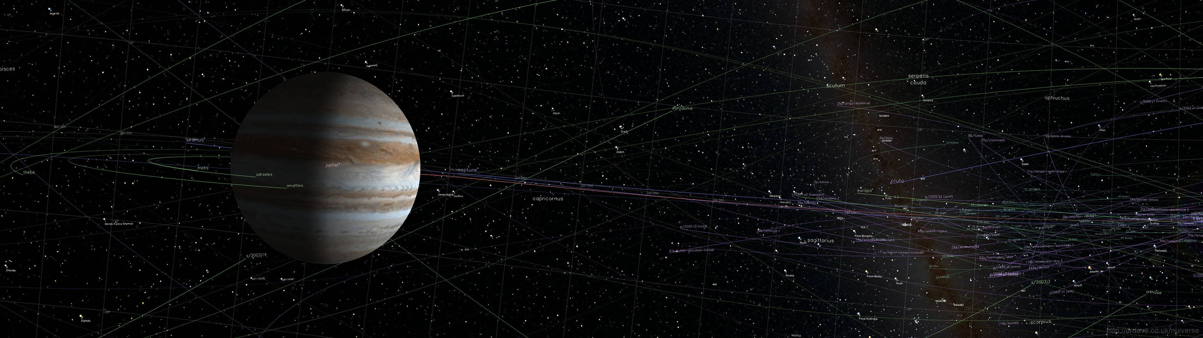 深空中的木星，帶有發光的宇宙細絲和遙遠星雲。