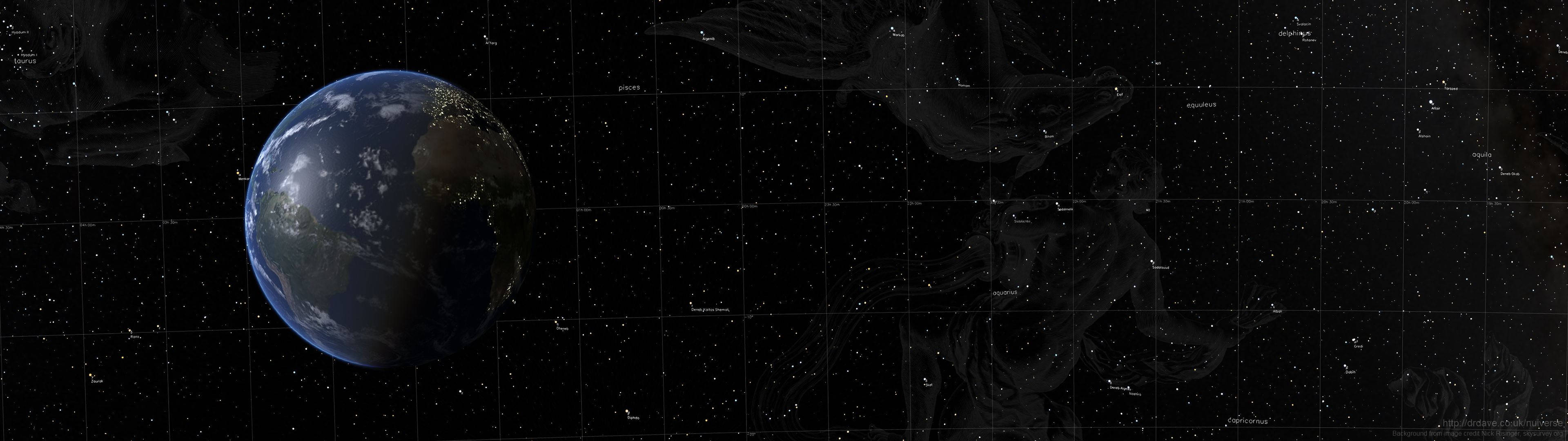 從太空觀看地球，背景有星空和微弱的星座輪廓。