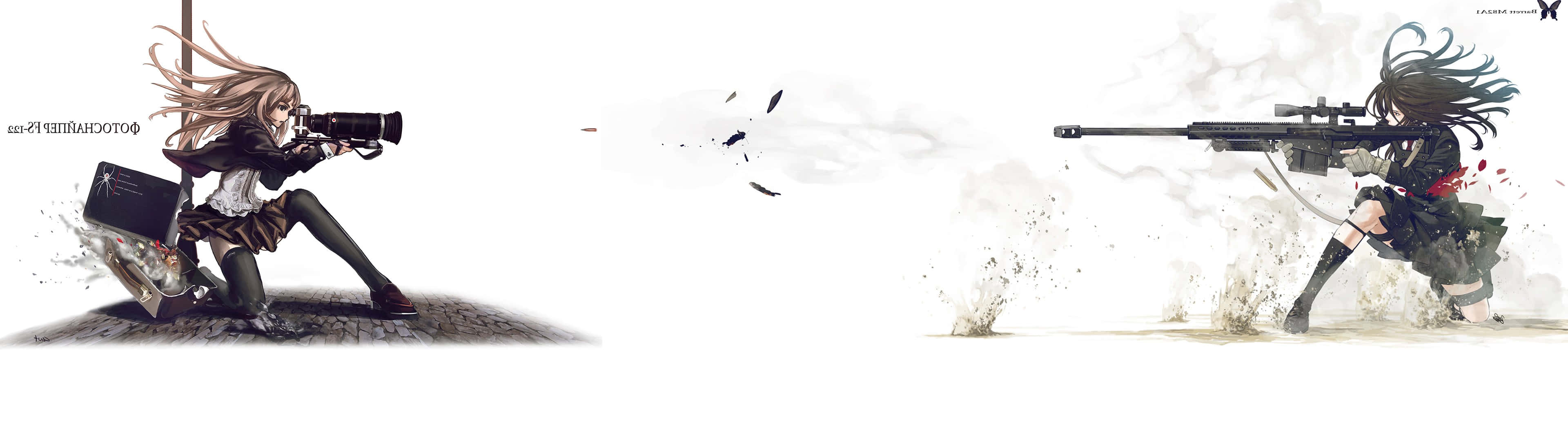 3840x1080 動漫持武器女孩 壁紙 — 兩個動漫少女以動態戰鬥姿勢，在純白背景上發射狙擊步槍，帶有濺射效果。