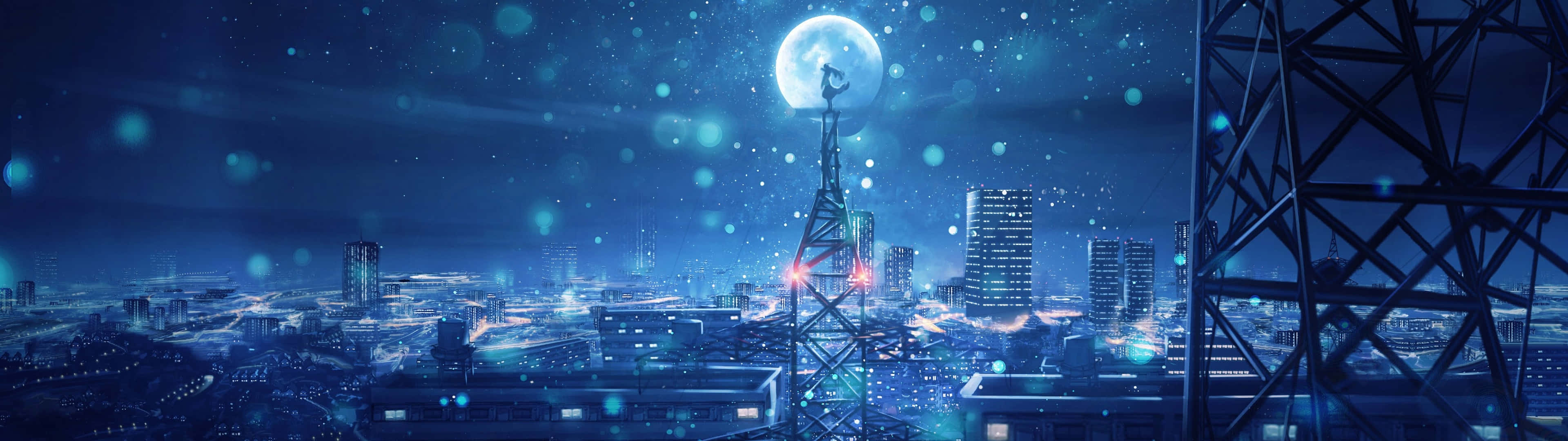 一個人在塔上俯瞰滿月下夜晚閃爍的城市。