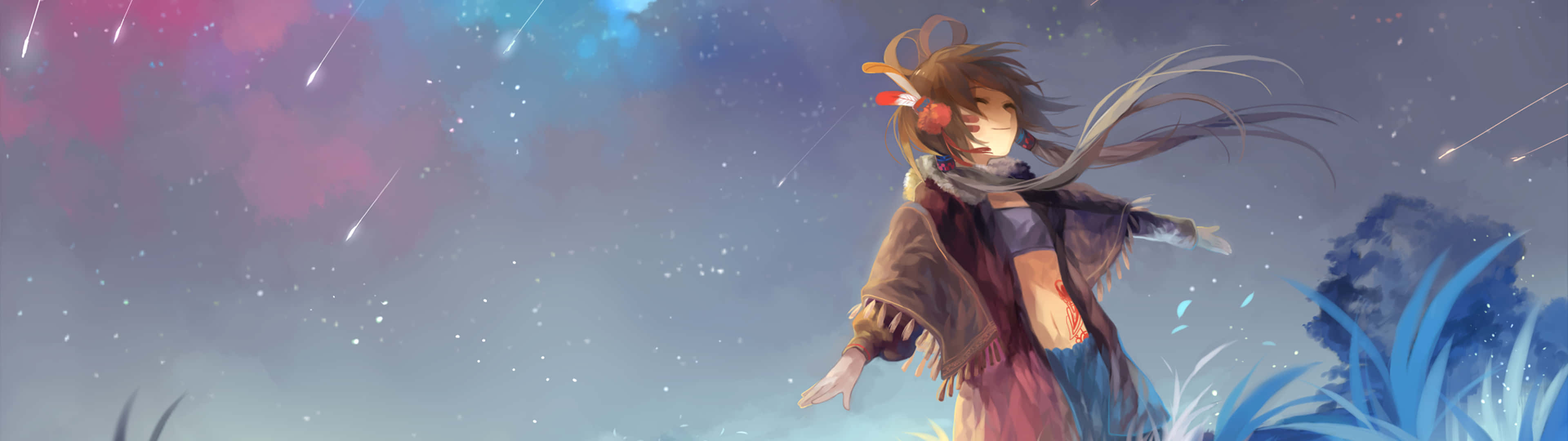 動漫女孩在星空下的田野中，有流星和發光的雲朵。