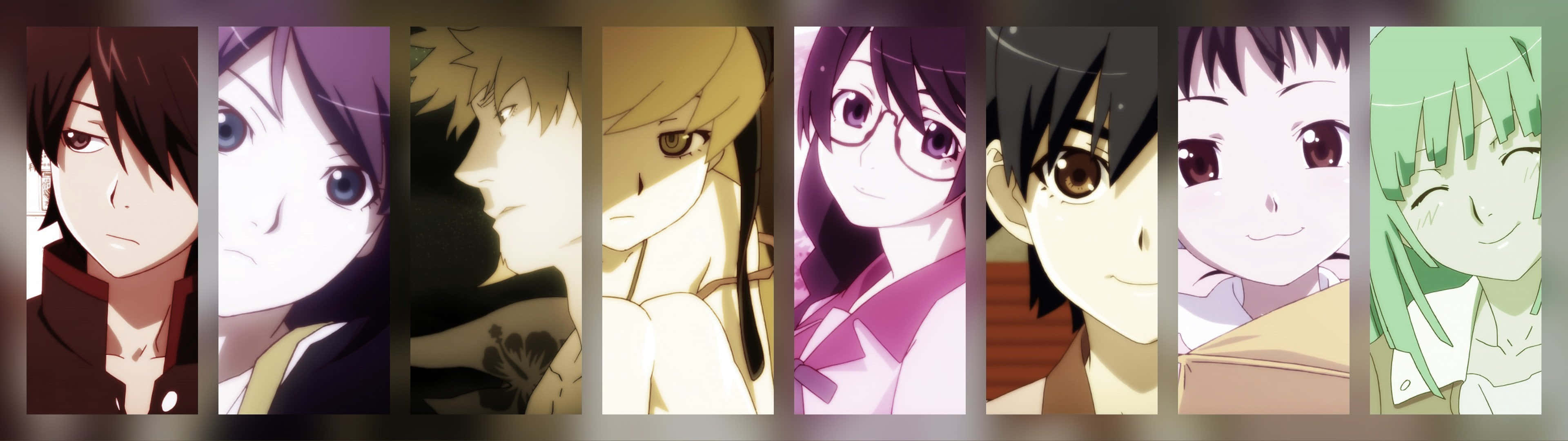 3840x1080 動漫物語系列角色 壁紙 — 七個表情和髮色各異的動漫角色，排列在垂直面板中，背景為柔和的漸變色。