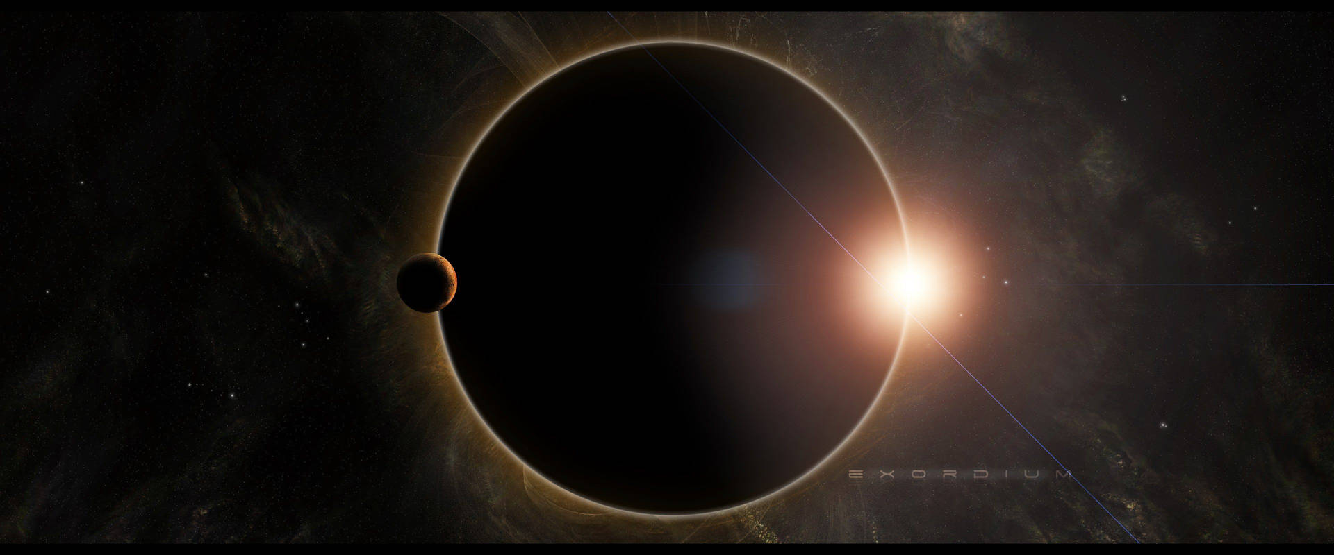 行星在深空中遮蔽一顆明亮的恆星，帶有發光的日冕和遙遠的恆星。