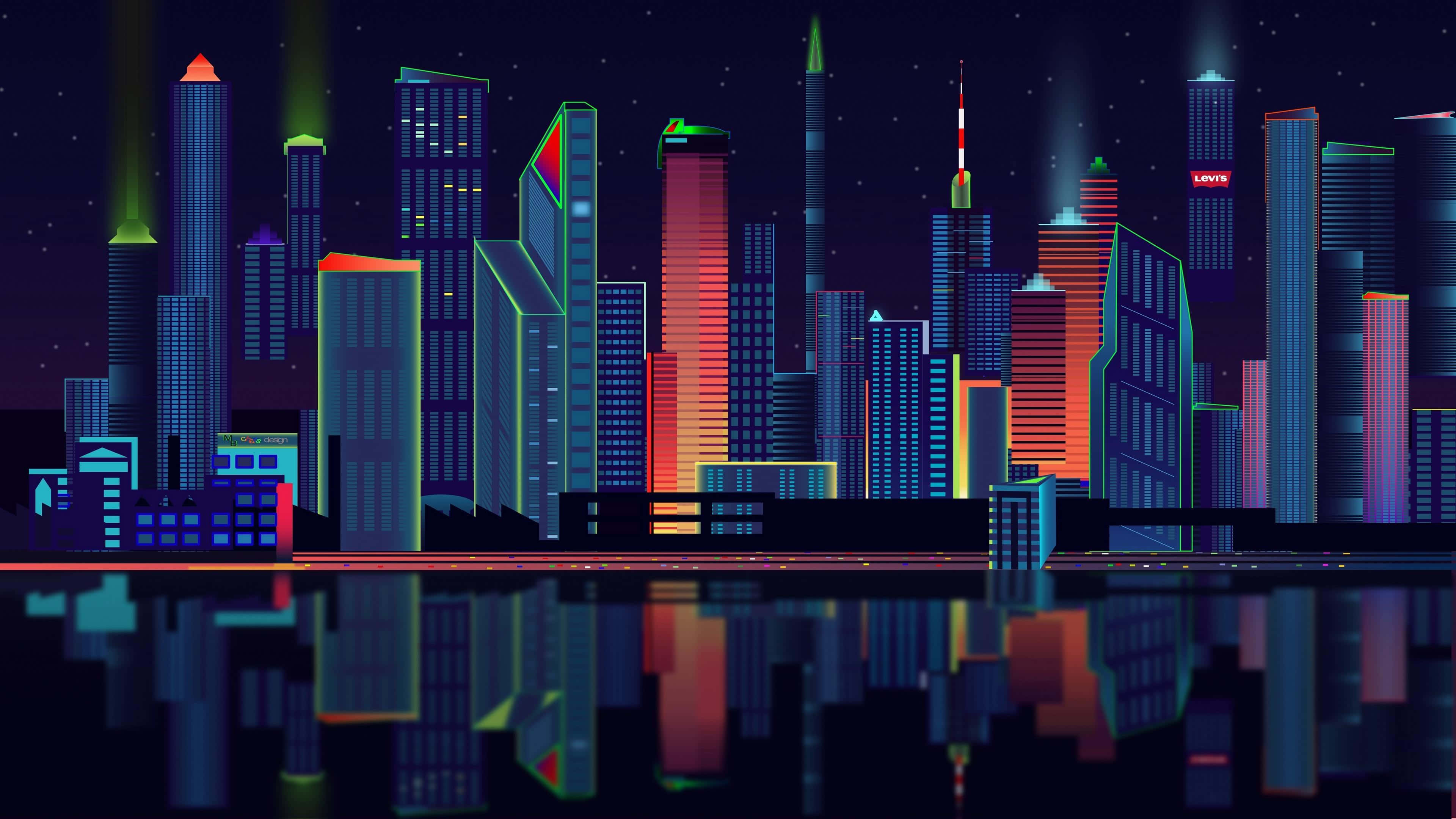 享受這款超高清 3840x2160 4K 桌面壁紙 壁紙 — 充滿活力的霓虹燈城市天際線夜景，色彩繽紛的摩天大樓在星空下倒映在黑暗的水面上。