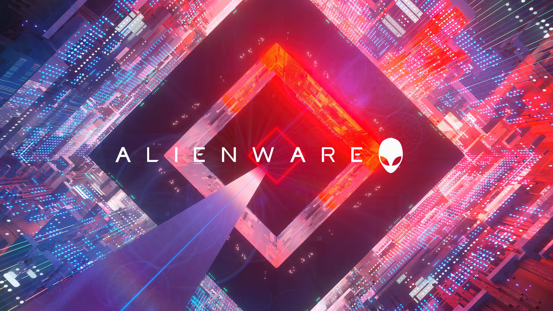 未來城市，帶有霓虹燈和中央的Alienware標誌。