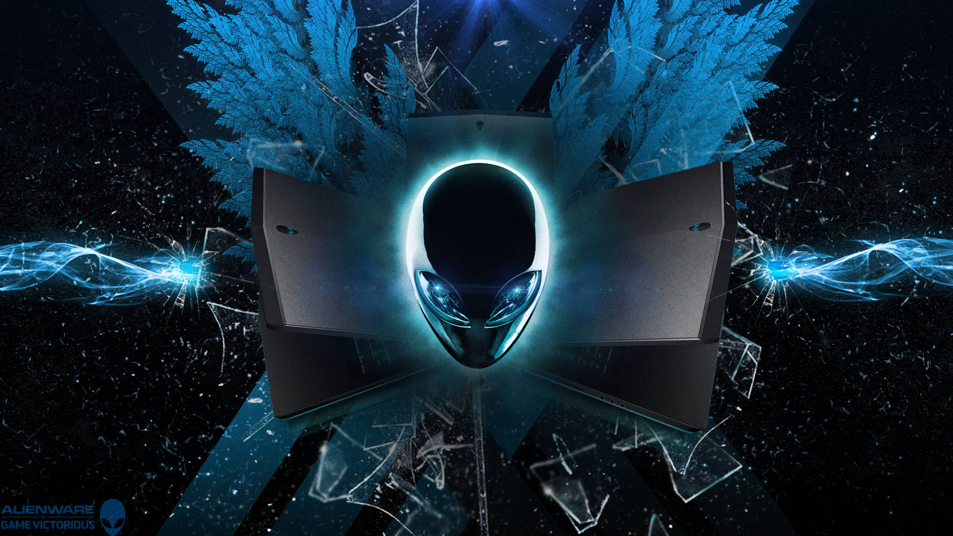 Alienware 標誌在破碎玻璃和星星中發出藍色能量光芒。