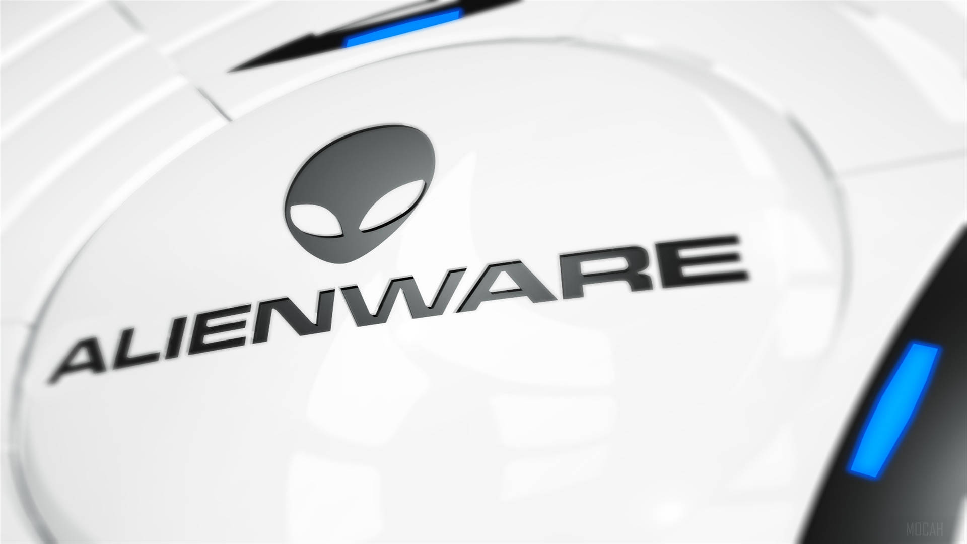 白色表面上帶有藍色燈光的Alienware遊戲標誌。