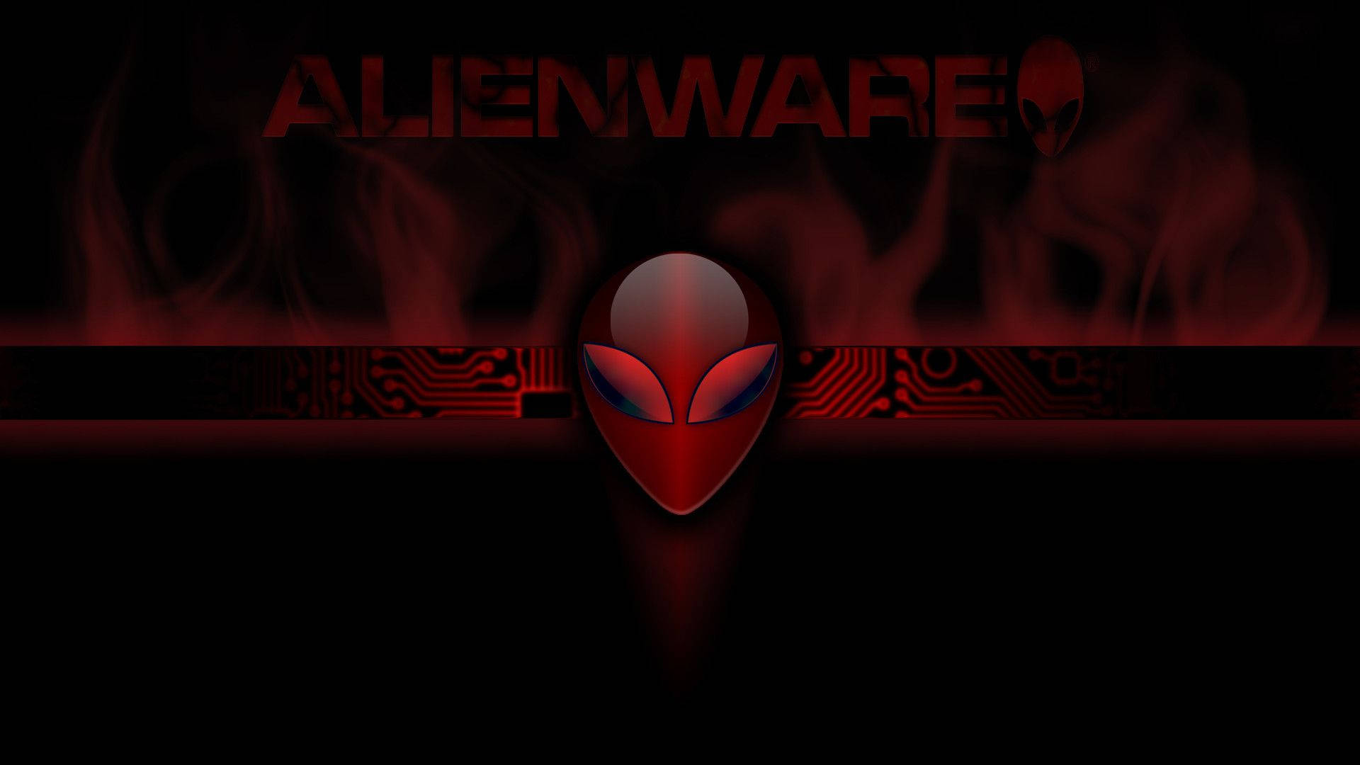 3840x2160 分辨率 Alienware 遊戲背景 壁紙 — 發光的紅色Alienware標誌居中於深色背景上，帶有電路板圖案和煙霧般的紅色效果。