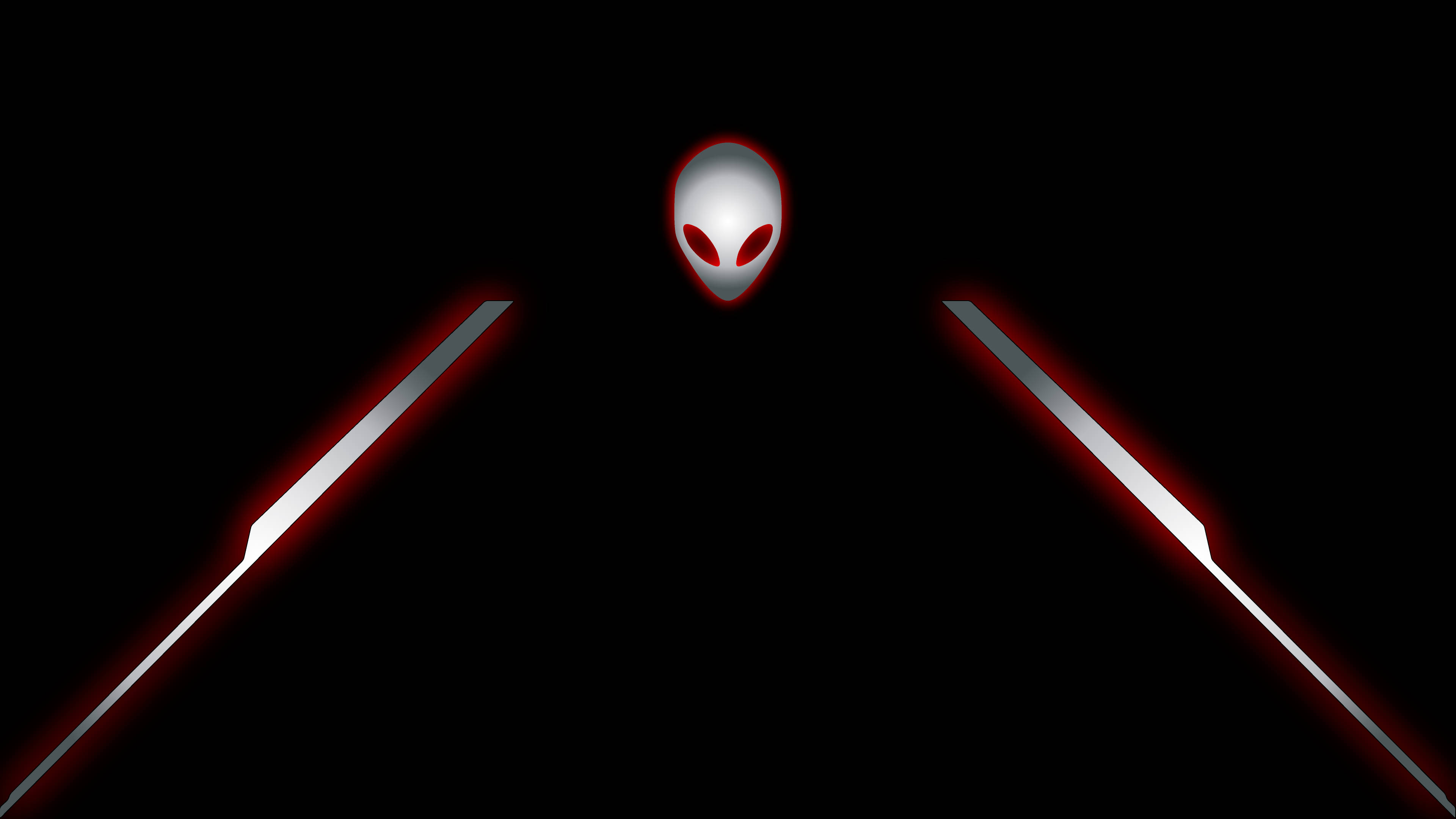 3840x2160 Alienware 白色標誌 壁紙 — 一個發光的外星人頭顱，有著紅色眼睛，懸浮在兩條匯合的紅色發光金屬路徑之上，背景是黑色虛空。