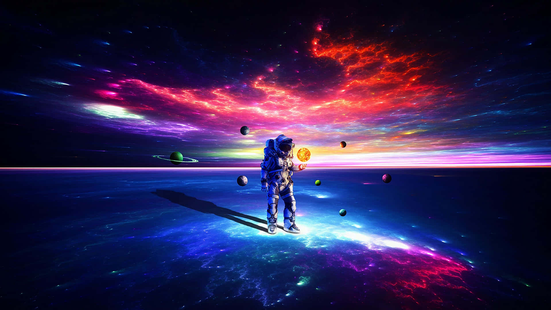 太空人在色彩繽紛的星雲天空下的宇宙行星上手持發光球體。