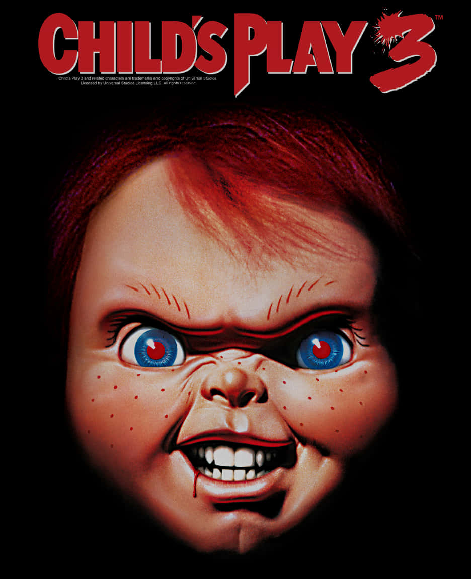 《鬼娃回魂3》電影海報Chucky 壁紙 — 一個令人不安的近距離特寫，Chucky 的娃娃臉，有著大大的藍色眼睛和血淋淋的笑容，背景為黑色。