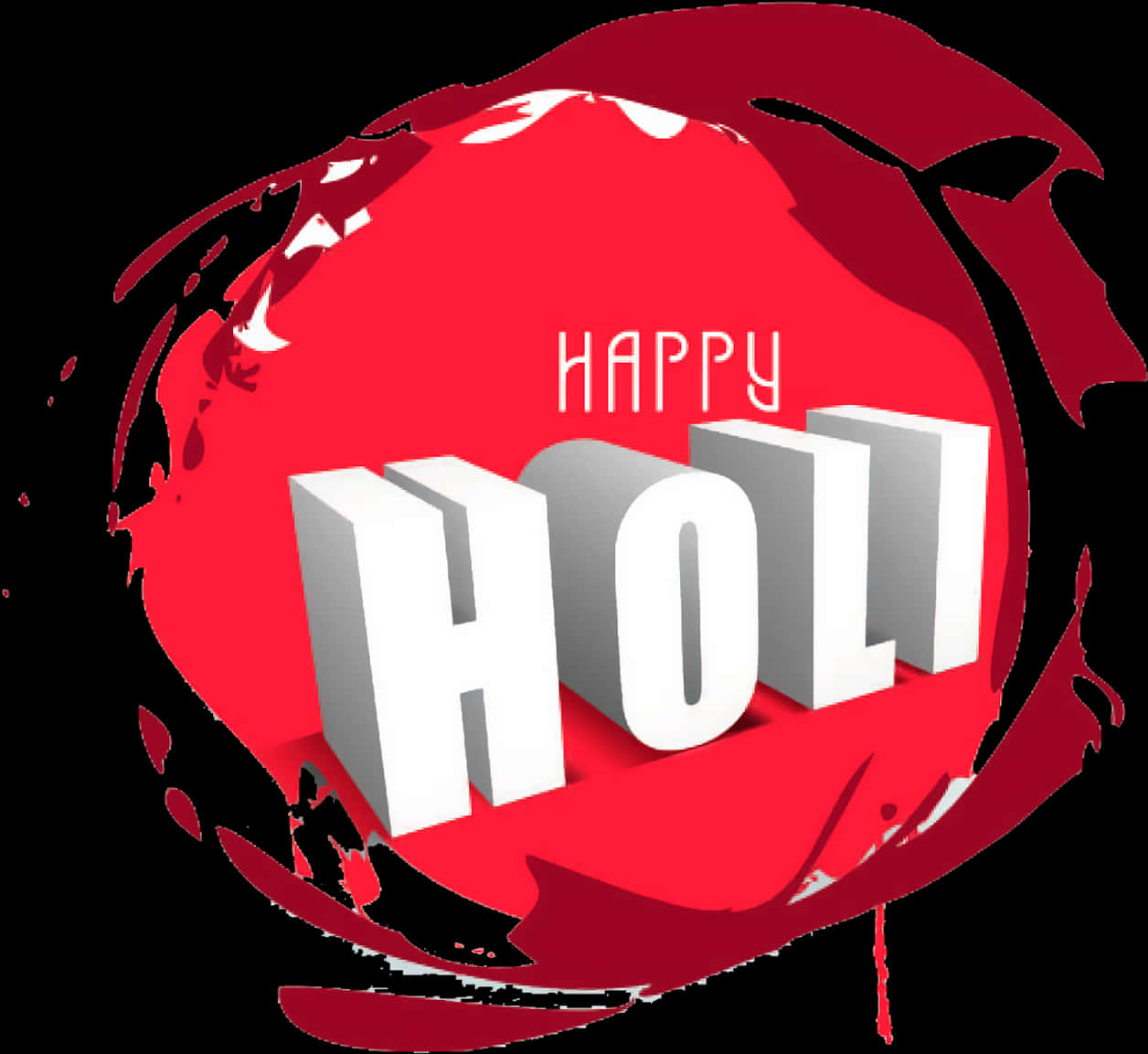 歡慶胡里節3D文字 壁紙 — 大膽的3D白色文字顯示happy holi，從充滿活力的紅色油漆飛濺中浮現，背景為黑色。