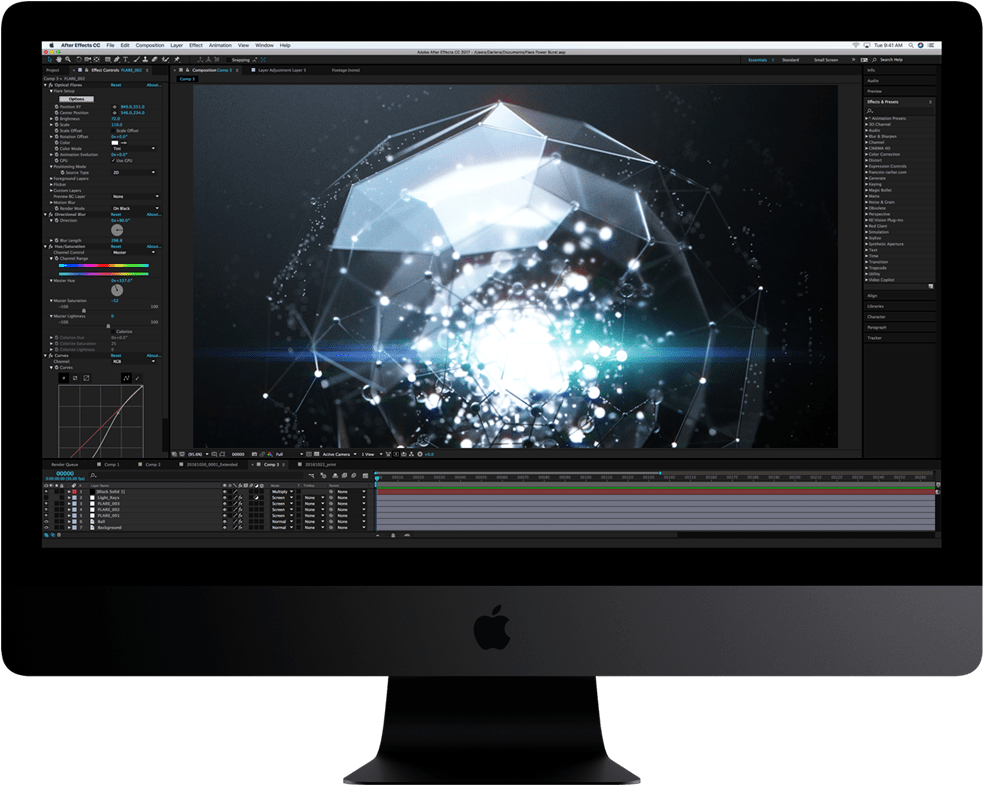 電腦上進行3D動畫編輯 壁紙 — 一部纖薄的 iMac 在 Adobe After Effects 中顯示發光的幾何粒子動畫，帶有深色介面面板。