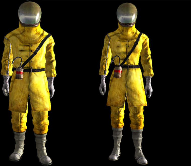 黃色防護服3D模型 壁紙 — 兩件相同的黃色防護服，配有透明頭盔和氧氣罐，並排站在黑色背景前。