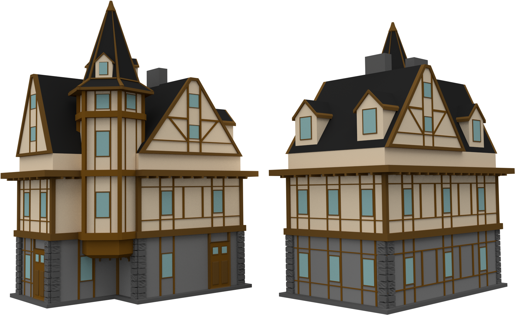 中世紀都鐸風格房屋3D模型 壁紙 — 兩座對稱的都鐸風格房屋，黑色屋頂和米色牆壁，並排立在黑色背景上。