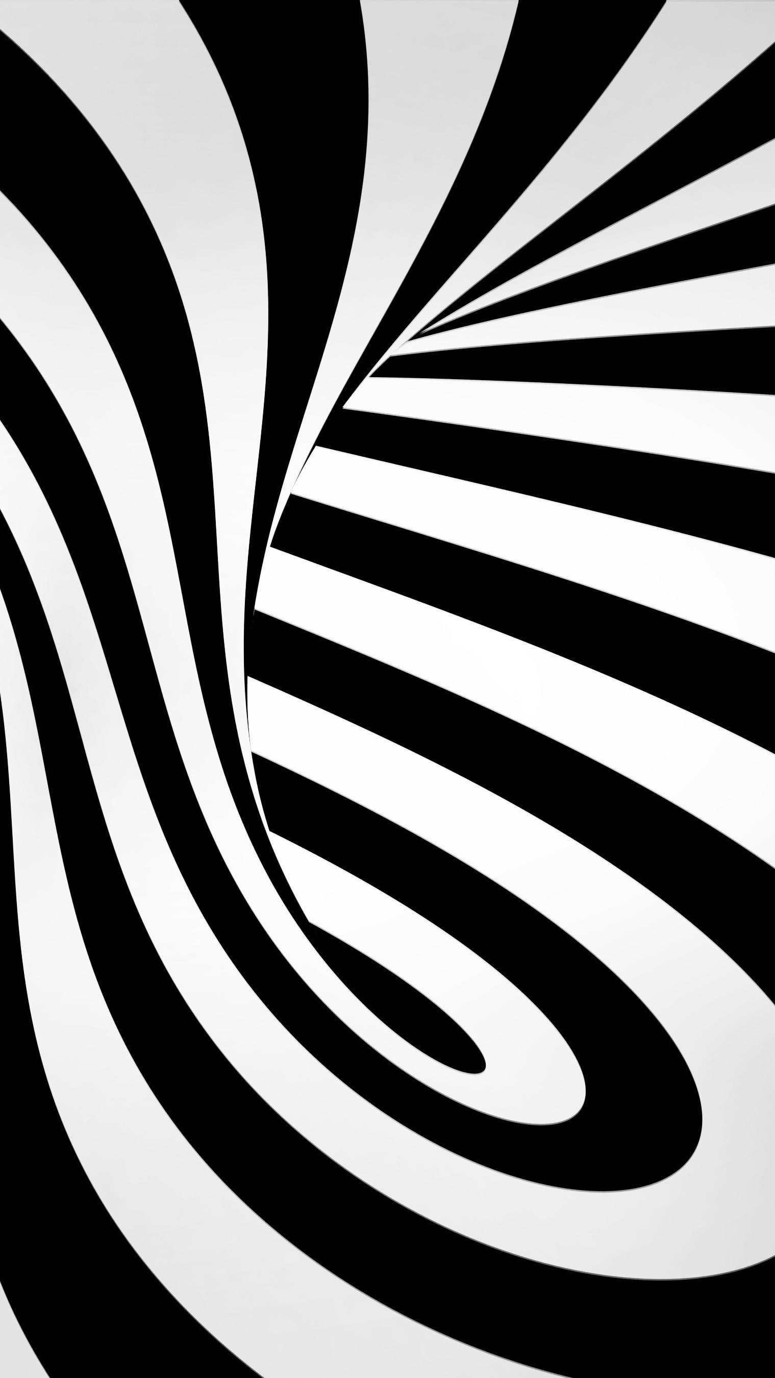 黑白旋渦手機3D壁紙 壁紙 — 一個催眠的黑白抽象圖案，由旋轉和放射狀條紋組成，營造出動態的錯覺。