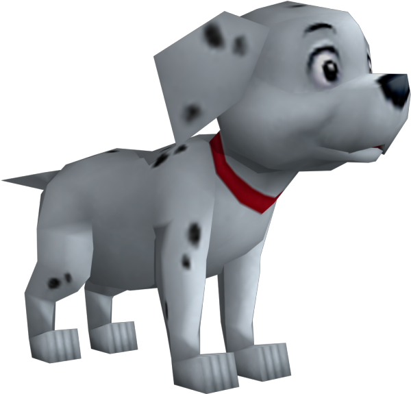 3D動畫斑點狗幼犬 壁紙 — 一隻低多邊形3D渲染的斑點狗幼犬，帶有黑色斑點和紅色項圈，在黑色背景上警覺地站立。