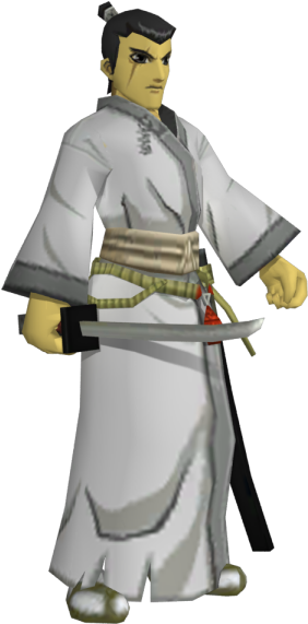 動畫武士3D模型 壁紙 — 一個嚴肅的動漫武士穿著白色長袍，在黑色背景下握著一把刀。