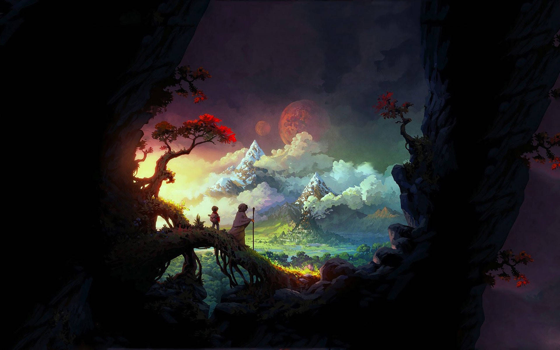 3D自然風景：探險者 壁紙 — 兩個人影站在被懸崖環繞的根橋上，俯瞰著一個超現實的山谷，其中有雪山和發光的天體。
