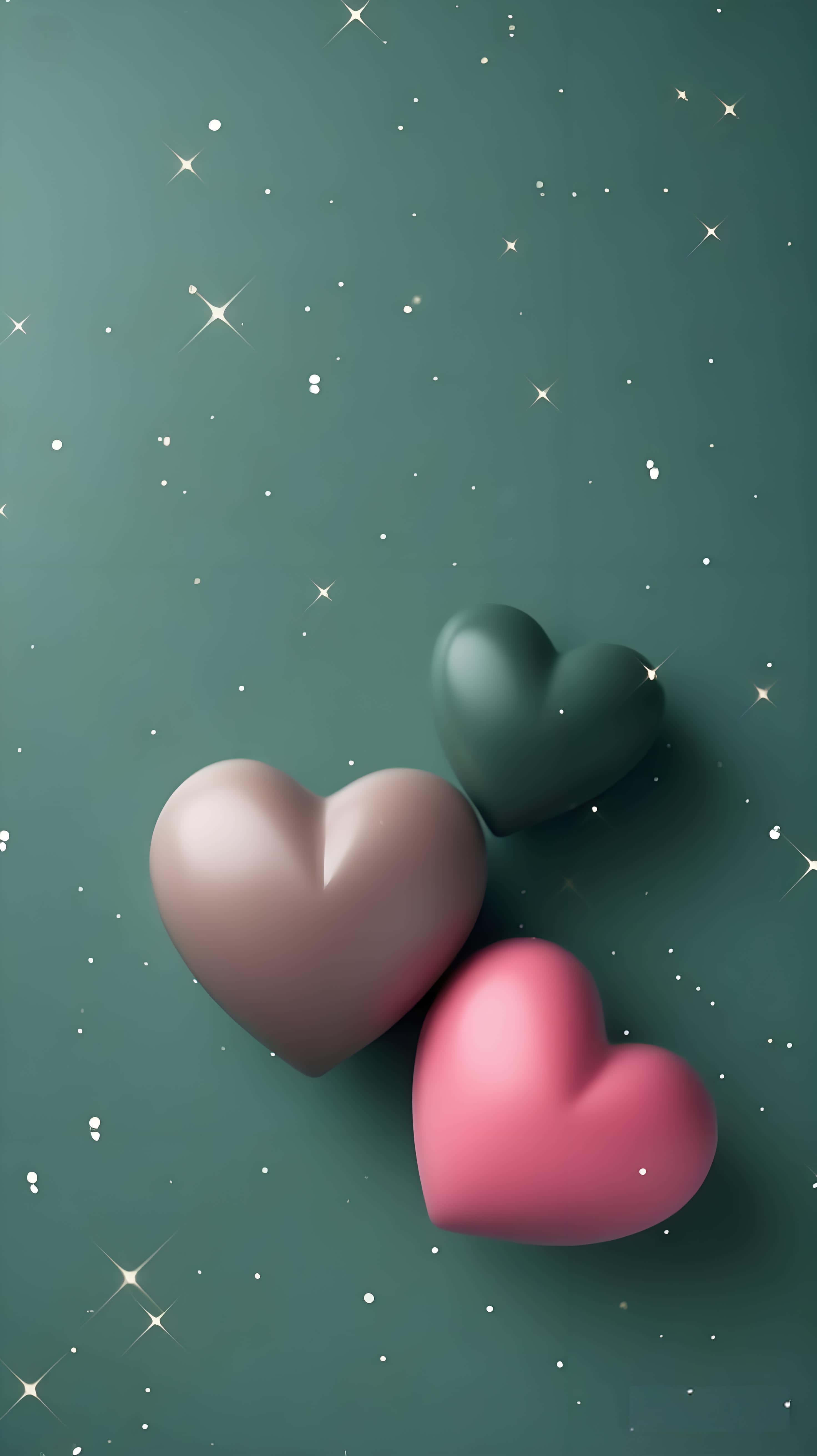 星空心形：夢幻3D愛情壁紙 壁紙 — 三顆光滑的心形，粉紅色、紫紅色和深綠色，漂浮在星空藍綠色背景上。