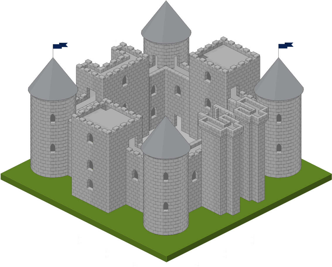 等角視圖中世紀城堡3D模型 壁紙 — 一座灰色石頭城堡，帶有塔樓和旗幟，矗立在黑色背景下的綠色平台上。