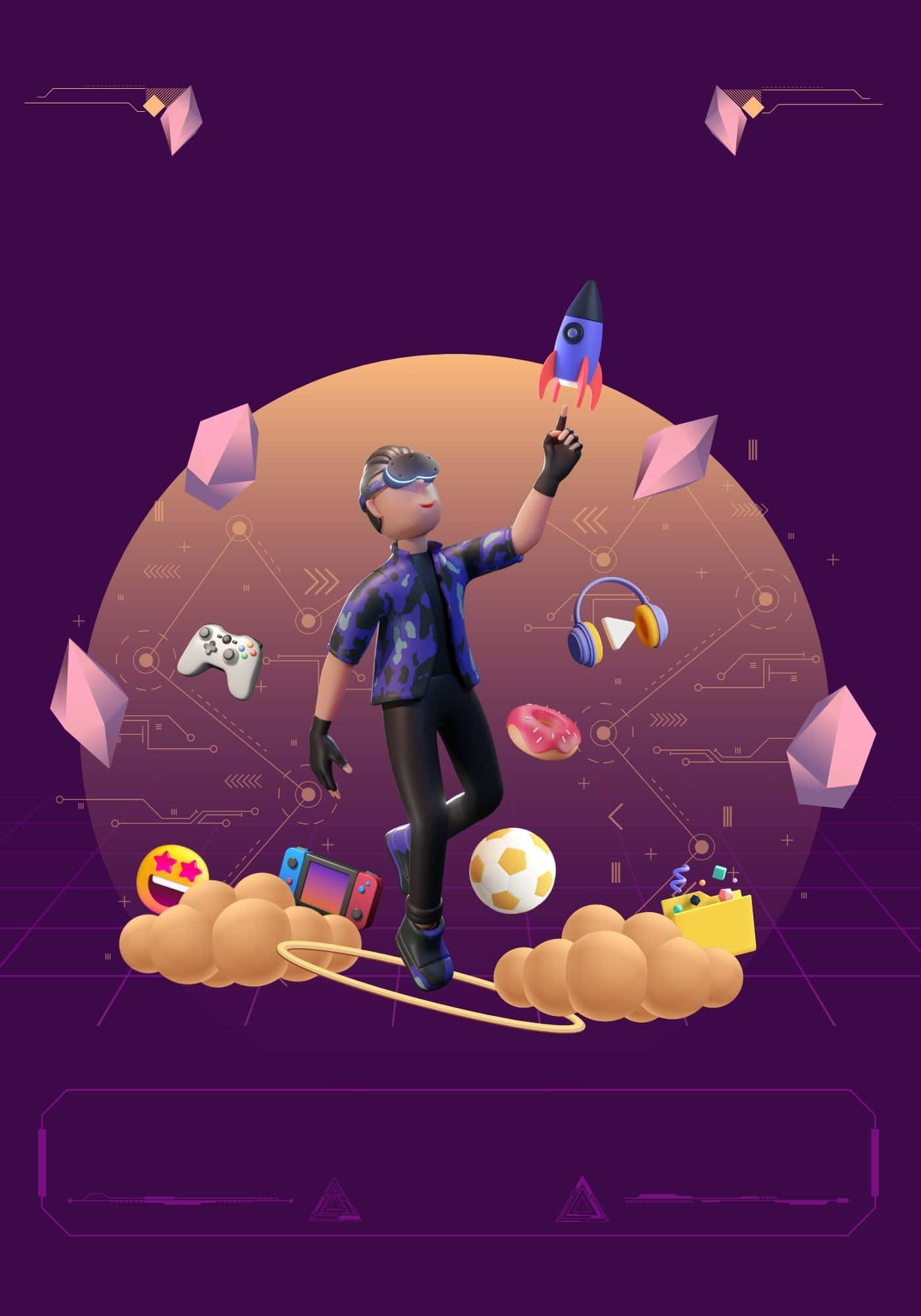 涼爽3D男子與火箭船背景 壁紙 — 一個戴著VR頭戴式裝置的風格化玩家在雲端上保持平衡，周圍環繞著漂浮的遊戲裝備，背景為紫色數位背景。