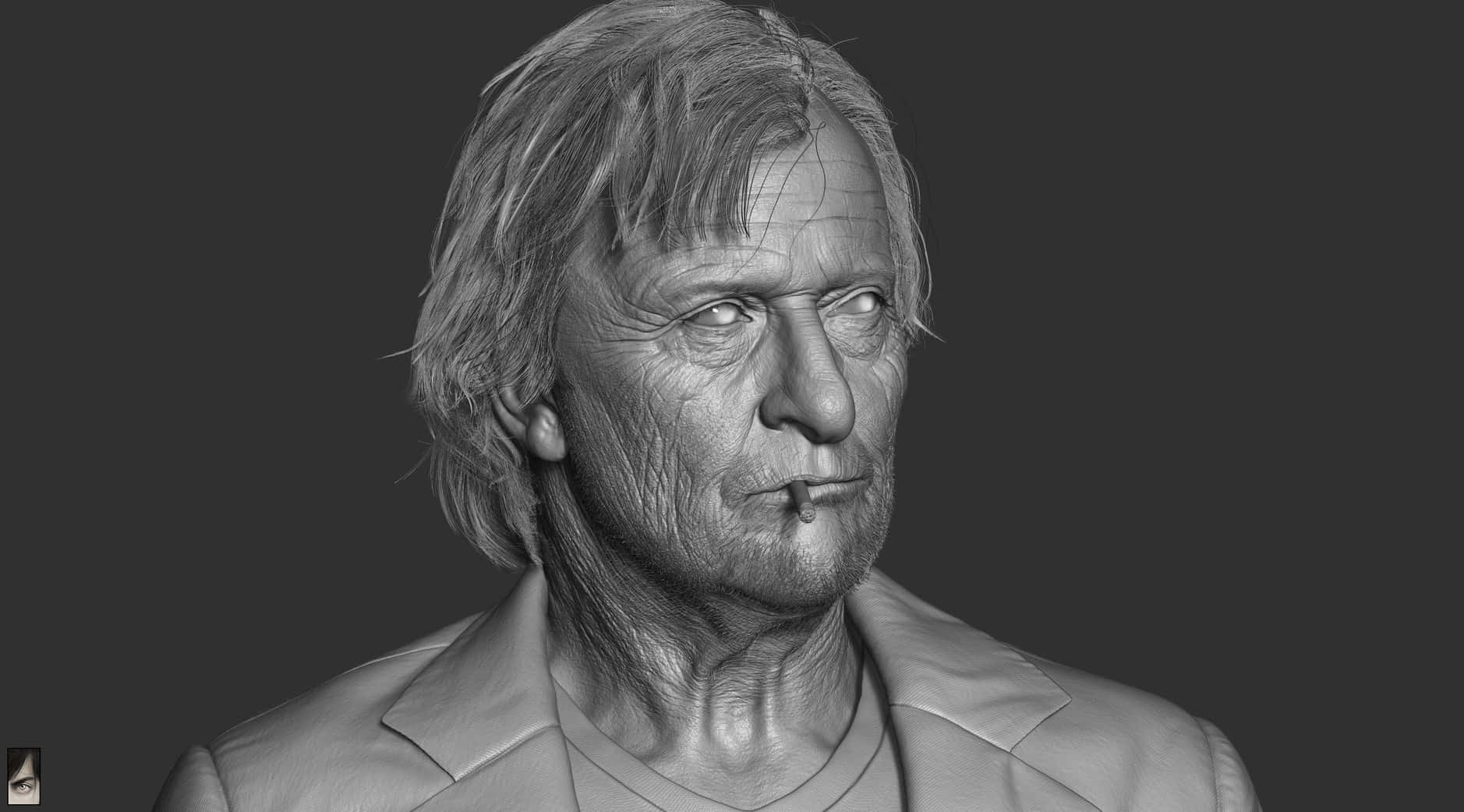 魯特格·豪爾黑白3D模型 壁紙 — 一位皮膚粗糙、口中叼著香煙的老年男性的超精細灰度3D渲染圖。