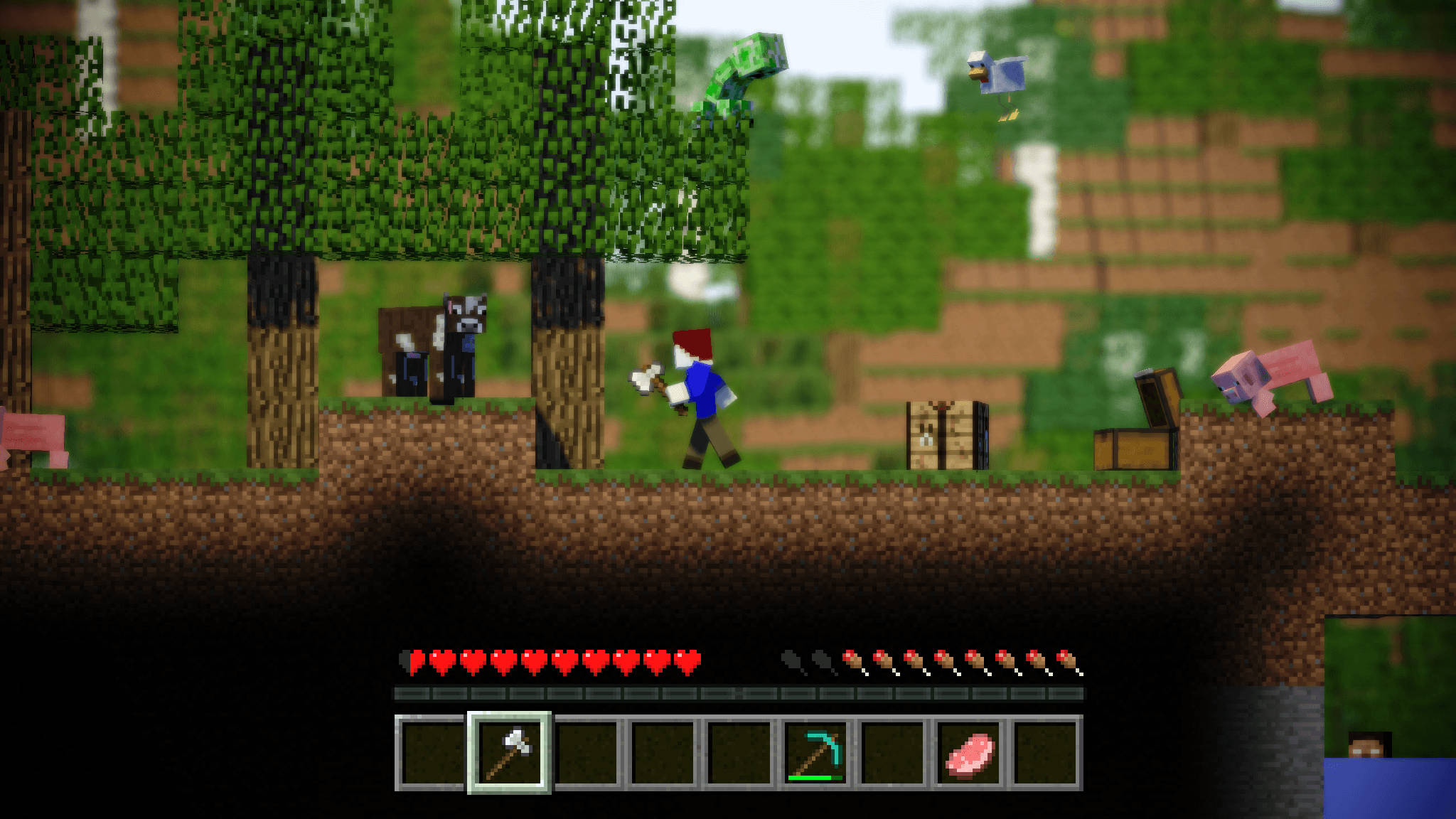《我的世界》3D動作冒險 壁紙 — 一個像素化的Minecraft玩家在明亮的天空下探索有動物和箱子的森林。